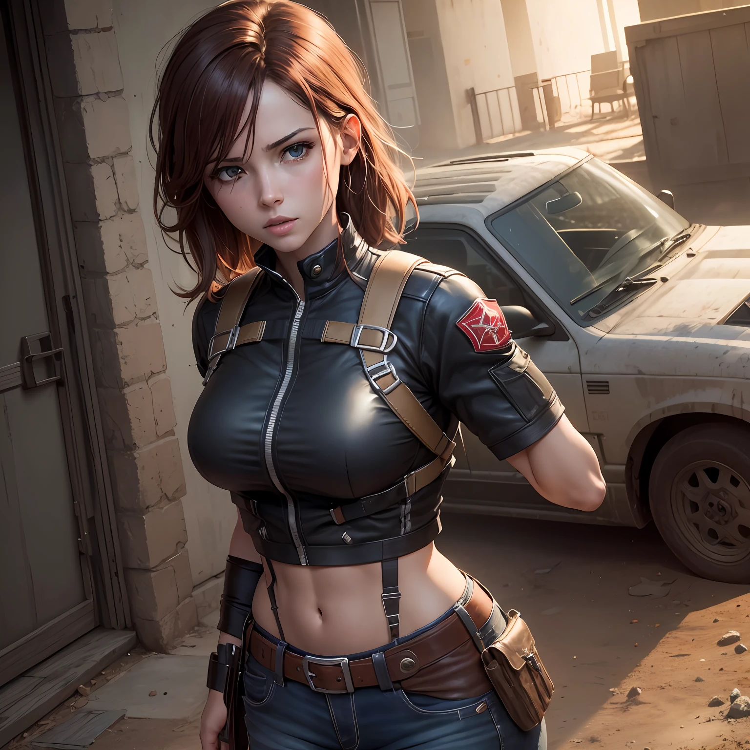 (random result), (estilo RAW, obra-prima, melhor qualidade, hiperrealista, highres, motor irreal,) Clair redfield, peito enorme, tiro de cowboy --auto