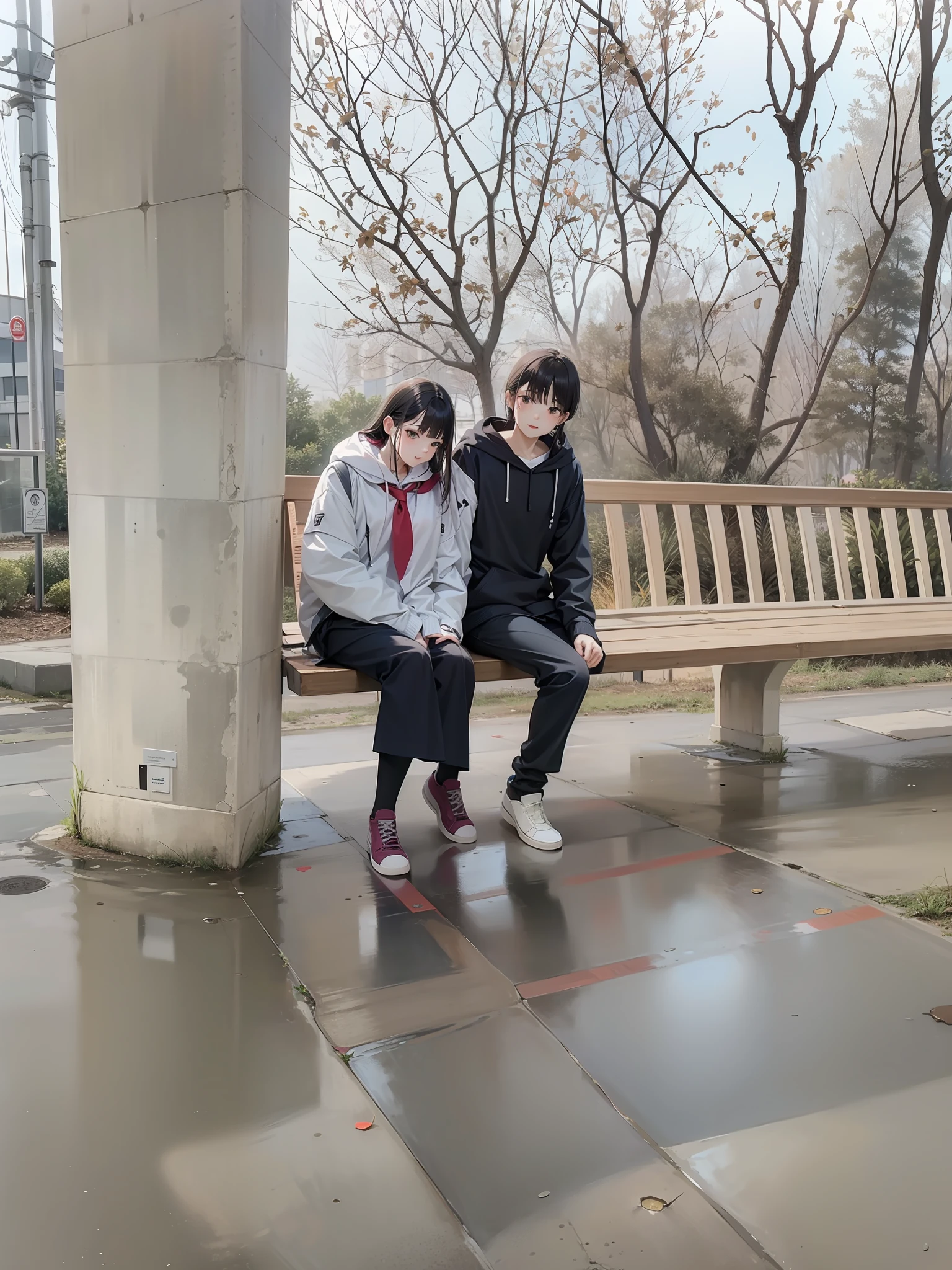 a female and a male, they are two students, wearing school uniform, lonely, rainny, around school, trees are beside the road, poddle of water reflectiing these two people, reflecting, a rainbow is on the sky, polar opposites, symmetry, panorama, perspective, ray tracing, reflection light, depth of field, close-up, masterpiece, best quality, high details, high quality, textured skin, ccurate, UHD, HD