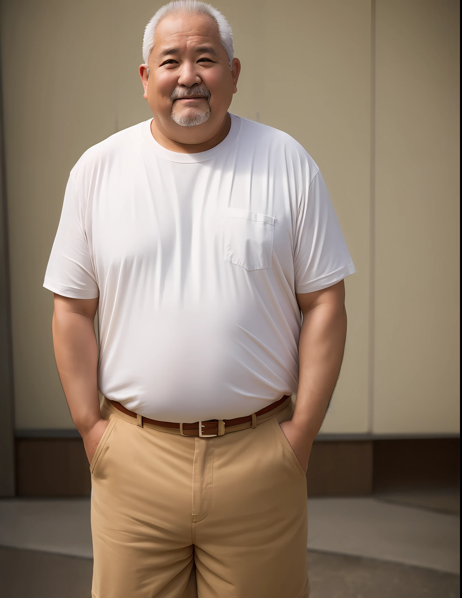japanes、1 man、60 years old、uncle、Bangs baldness、Funny face、Wearing a loose white T-shirt、Beige shorts on the lower body、fat figure、Chubby、I'm hungry、Top image quality、8K、