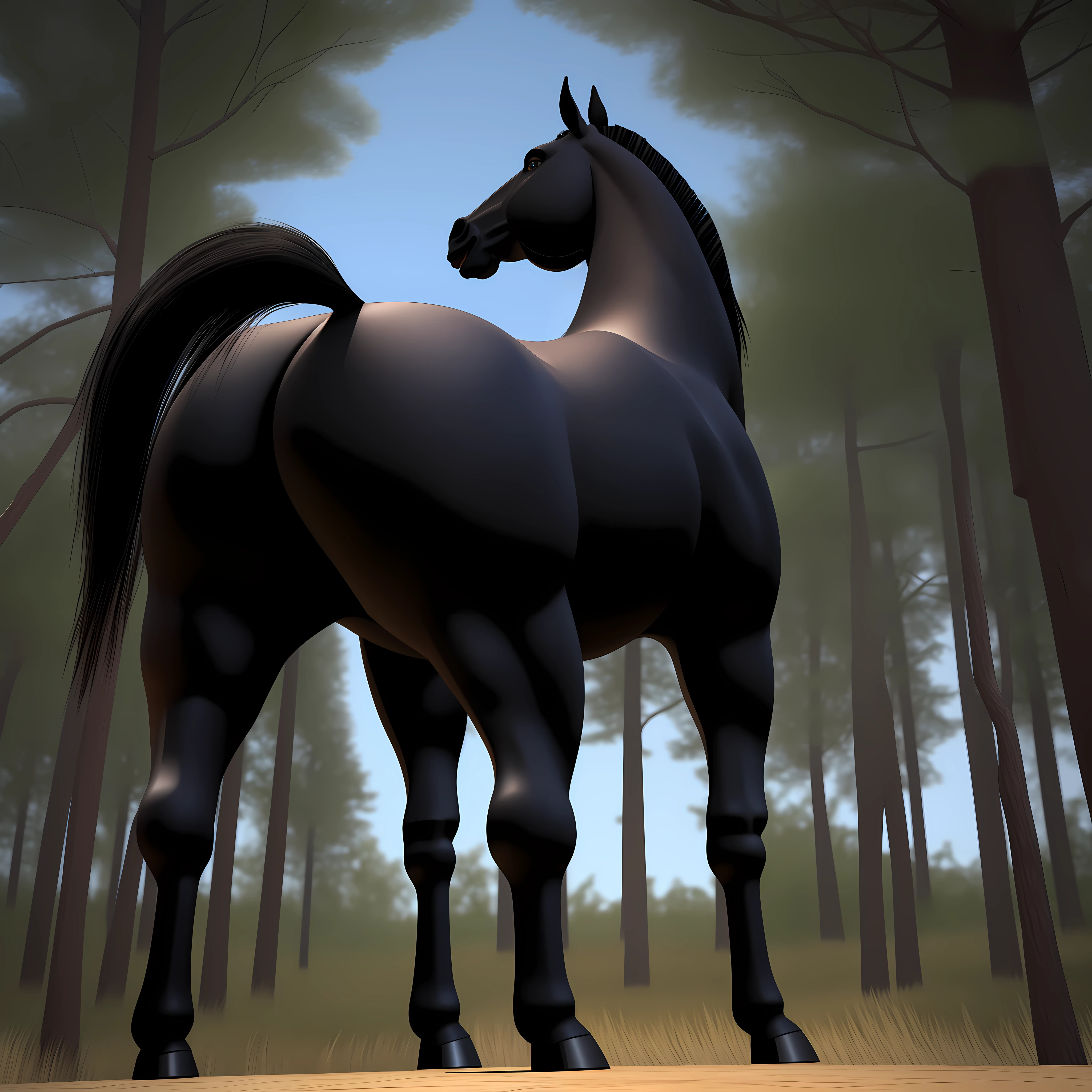 Black stallion horse, bunda grande, perspectiva do bumbum, bumbum bonito,macho, no meio do forest,cabelos pretos longos, olhos verdes , Arte peluda,3d render realista, fotografia