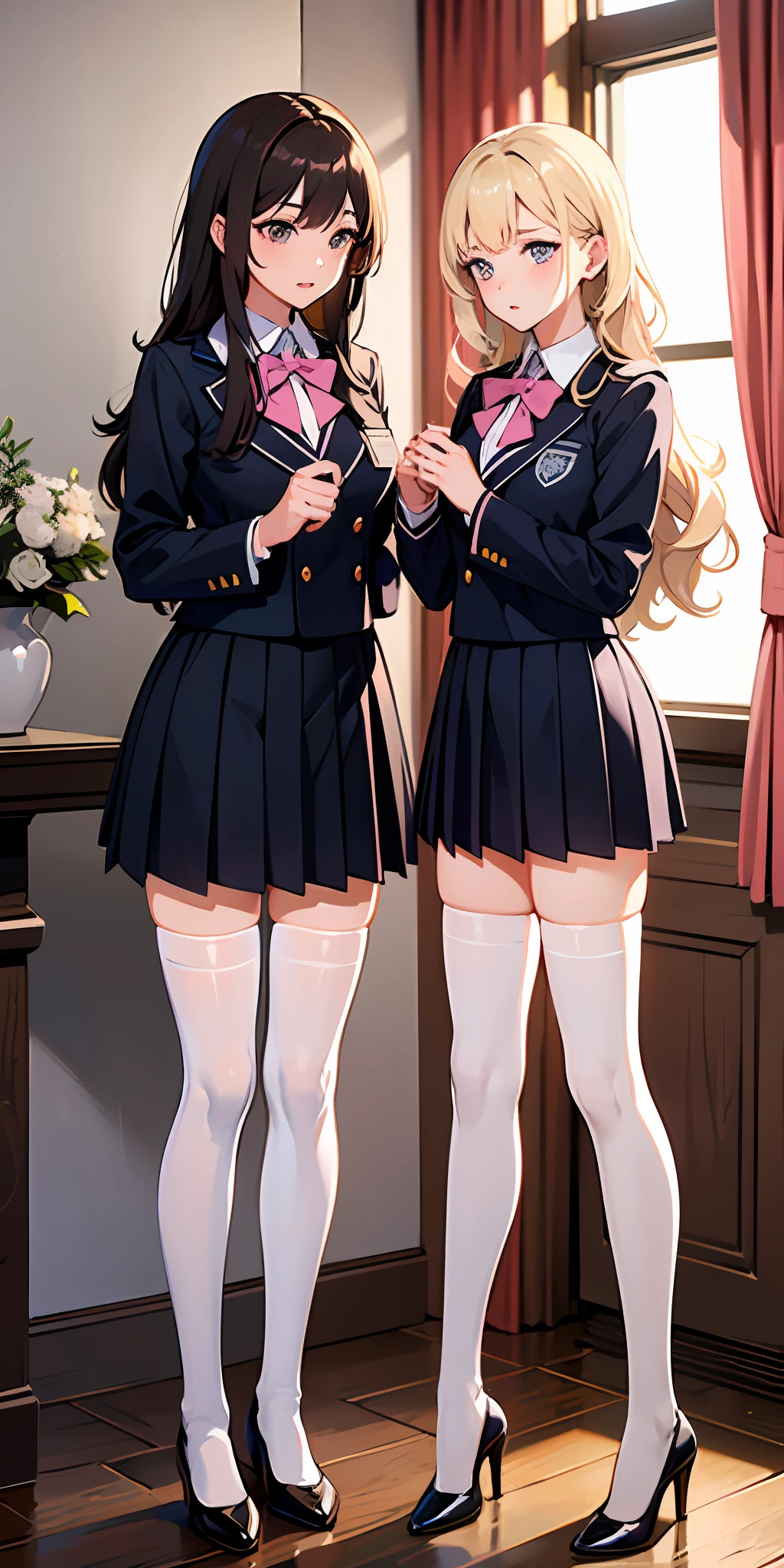 ((Masterpiece, highres)), 2girls, duo, twins, ((one brown haired girl, one blonde girl)), long hair, curly hair, matching hairstyles, different hair color, confident, elegant, rich girls, (((matching outfits, identical outfits, pink school uniforms, sexy school uniforms, white thighhighs, long white socks, black high heels))), standing at attention, shoulder to shoulder, same pose, mansion --auto