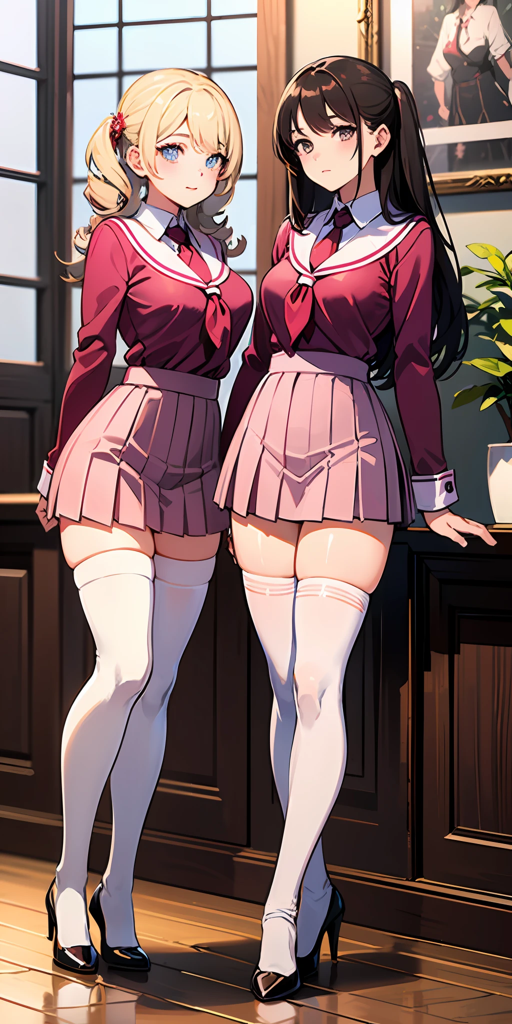 ((Masterpiece, highres)), 2girls, duo, twins, ((one brown haired girl, one blonde girl)), long hair, curly hair, matching hairstyles, different hair color, confident, elegant, rich girls, (((matching outfits, identical outfits, pink school uniforms, sexy school uniforms, white thighhighs, long white socks, black high heels))), standing at attention, shoulder to shoulder, same pose, mansion --auto