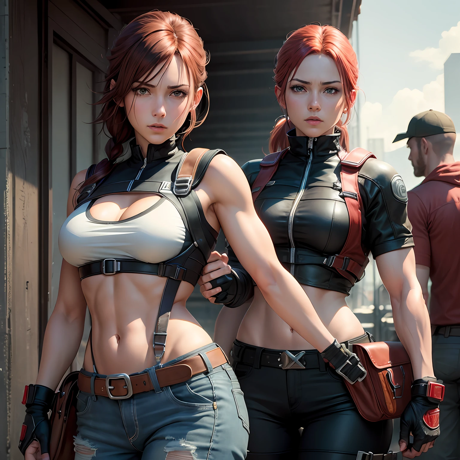 (random result), (estilo RAW, obra-prima, melhor qualidade, hiperrealista, highres, motor irreal,) Clair redfield, peito enorme, tiro de cowboy --auto