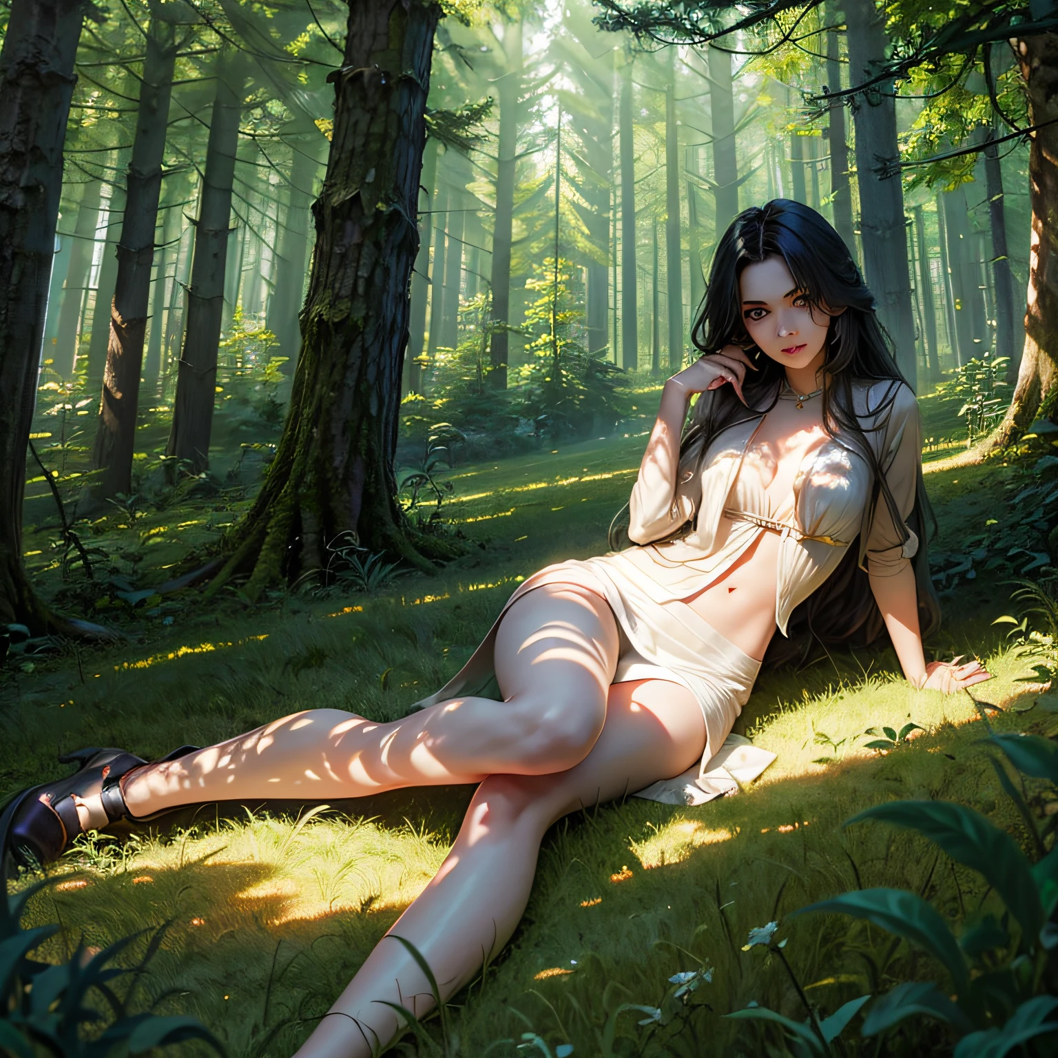 tmasterpiece，realisticlying，Beautuful Women，ln the forest，rays of sunshine --auto