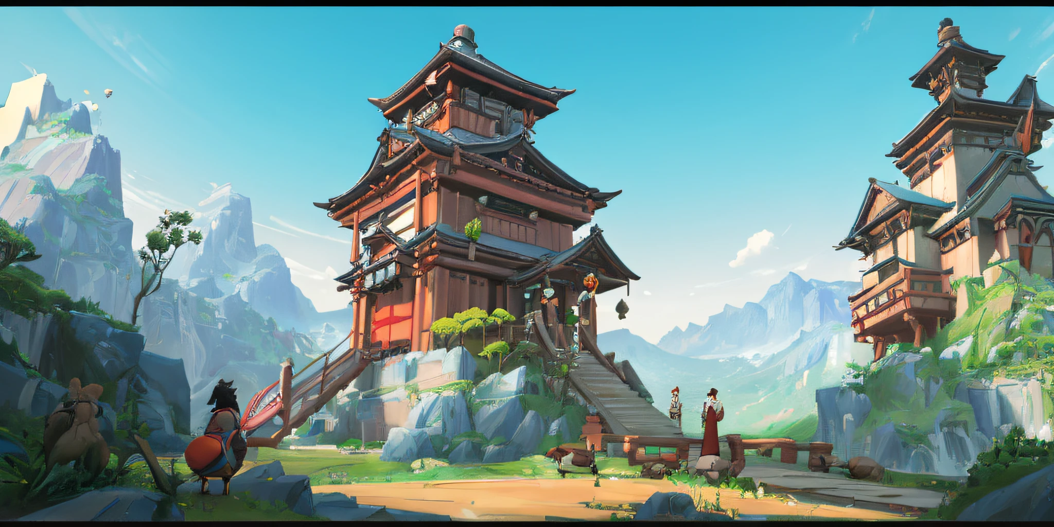 Anime - Oriental detail background, Ancient village style scene with bridges and attics, Stylized concept art, Onmyoji detailed art, Inspired by green durian, onmyoji, Anime landscape concept art, cushart, Traditional Chinese concept art, legend of korra setting, concept world art, Reasonable structure,k hd,gameicon,Perfect work(tmasterpiece,top Quority,best qualtiy,offcial art,Beauty and aesthetics:1.2)