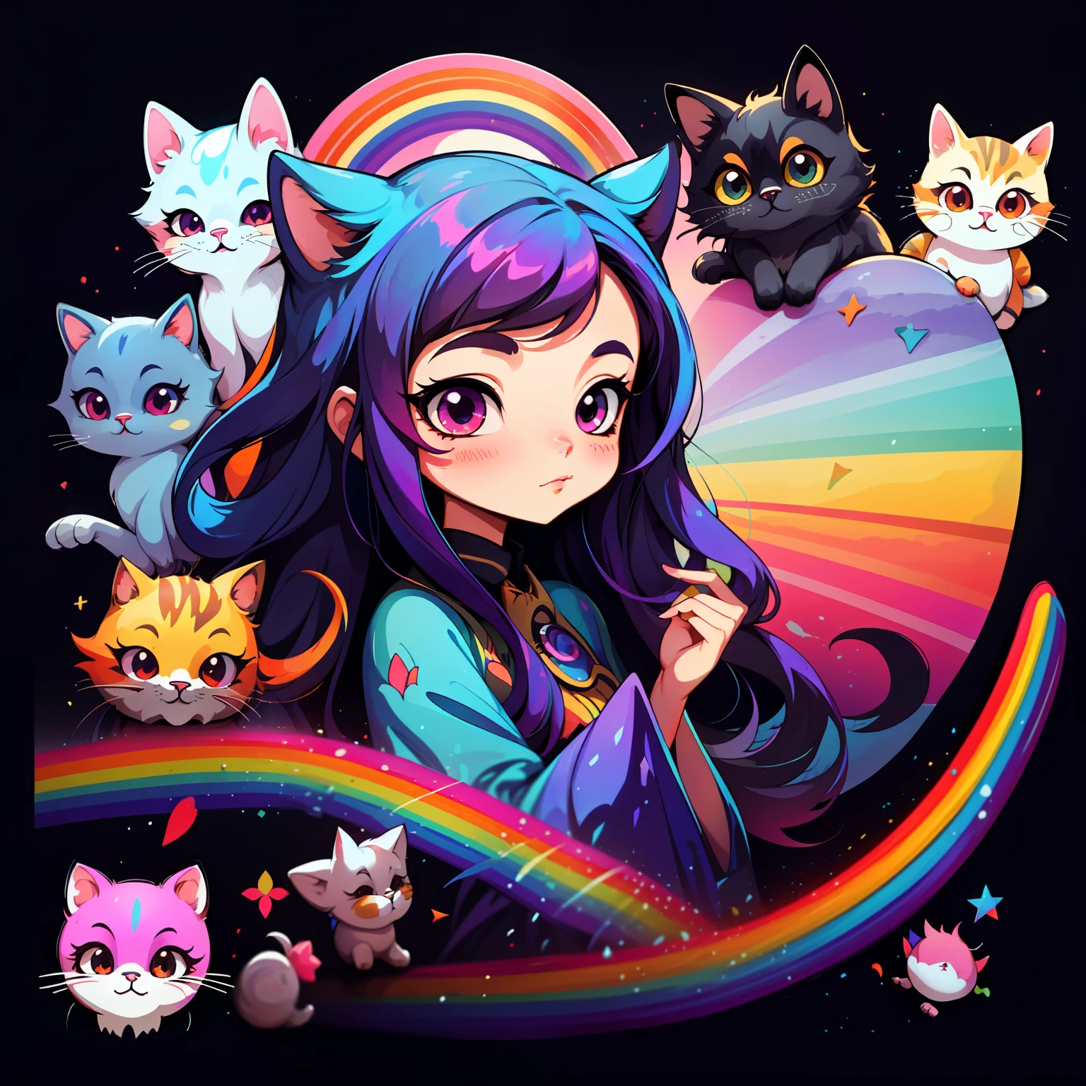 adesivo,1girl, fundo simples, retrato, girl with long hair, beautiful cat girl, kitty aesthetic, beautiful girl, very beautiful fantasy art, beautiful and elegant female kitty, beautiful detailed fantasy, raibow color palate, rainbow color-theme