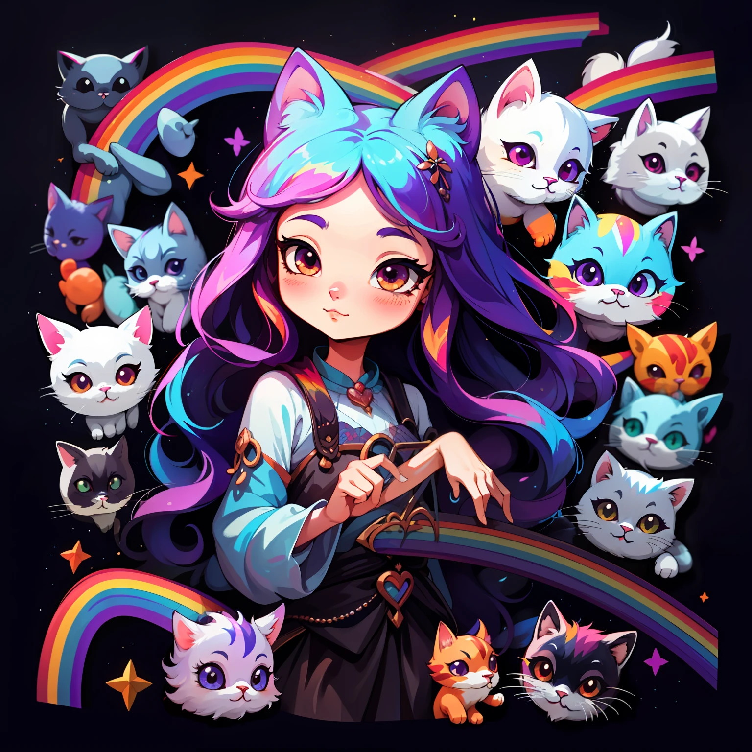 adesivo,1girl, fundo simples, retrato, girl with long hair, beautiful cat girl, kitty aesthetic, beautiful girl, very beautiful fantasy art, beautiful and elegant female kitty, beautiful detailed fantasy, raibow color palate, rainbow color-theme