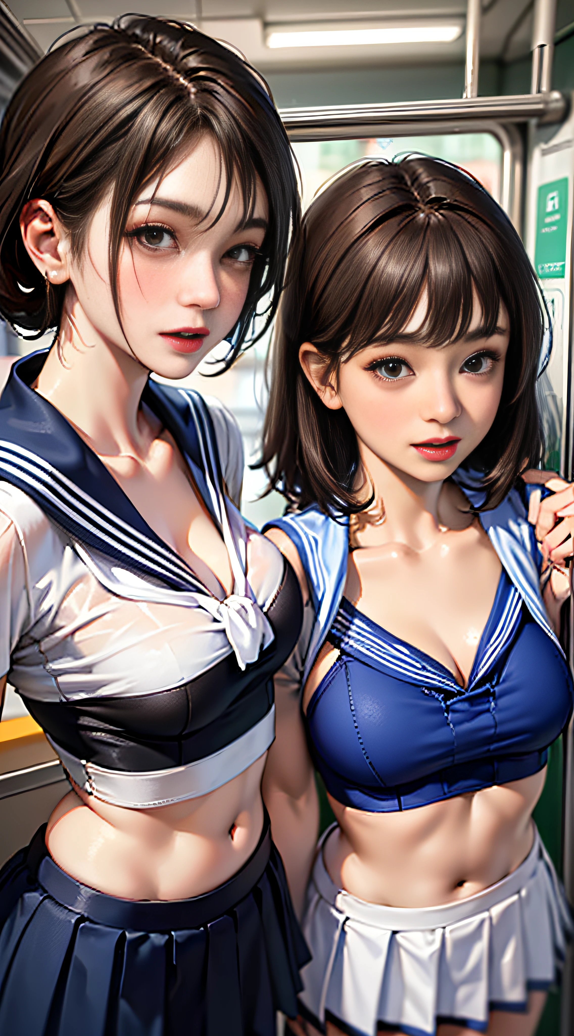 ((Realistic lighting、top-quality、in 8K、masterpiece:1.3))、Clear focus:1.2、twogirls、Perfect figure:1.4、Slim abs:1.1、((dark brown hair))、(White crop top:1.4)、(outside of house、natta:1.1)、Street、Super fine face、Narrow-eyed、二重まぶた、Beautiful fece、Opened mouth:1.8、Smile、Staring at the camera with a refreshing smile、Two beautiful sisters who are most famous in the world、Constriction of the lower back、Beautiful legs、Taut skin、Highly detailed facial and skin texture、A detailed eye、thin cheeks、Healthy skin、(Layered hairstyle、dark brown hair)、(large full breasts)、((disheveled outfit and hair:1.2))、(Elegant Japan sailor suit:1.5)、((skirt rift:1.3)), (Large breasts emphasis、Natural cleavage)、(Cuddle in an incredibly crowded subway train))、frombelow、((Blushing expression:1.5))、