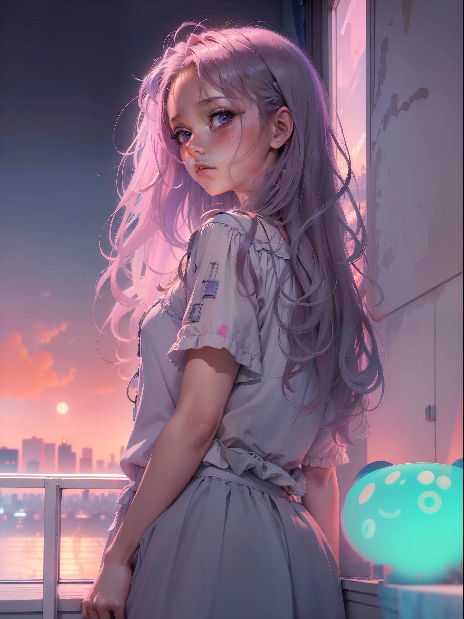 (masterpiece:1.5, best quality:1.5), ((VaporWave style, partially coloring)), close-up, from above, cinematic angle,
1girl, Look tired, long_hair, solo, in bedroom, dolls were in a mess, decadent life,
pole outside the window, sunset outside the window, street outside the window, the sunset outside the window,