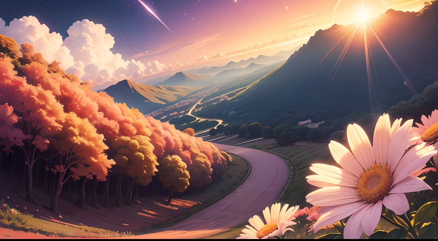 background para cartaz, flores sakura e sol nascente 8k, realista --auto