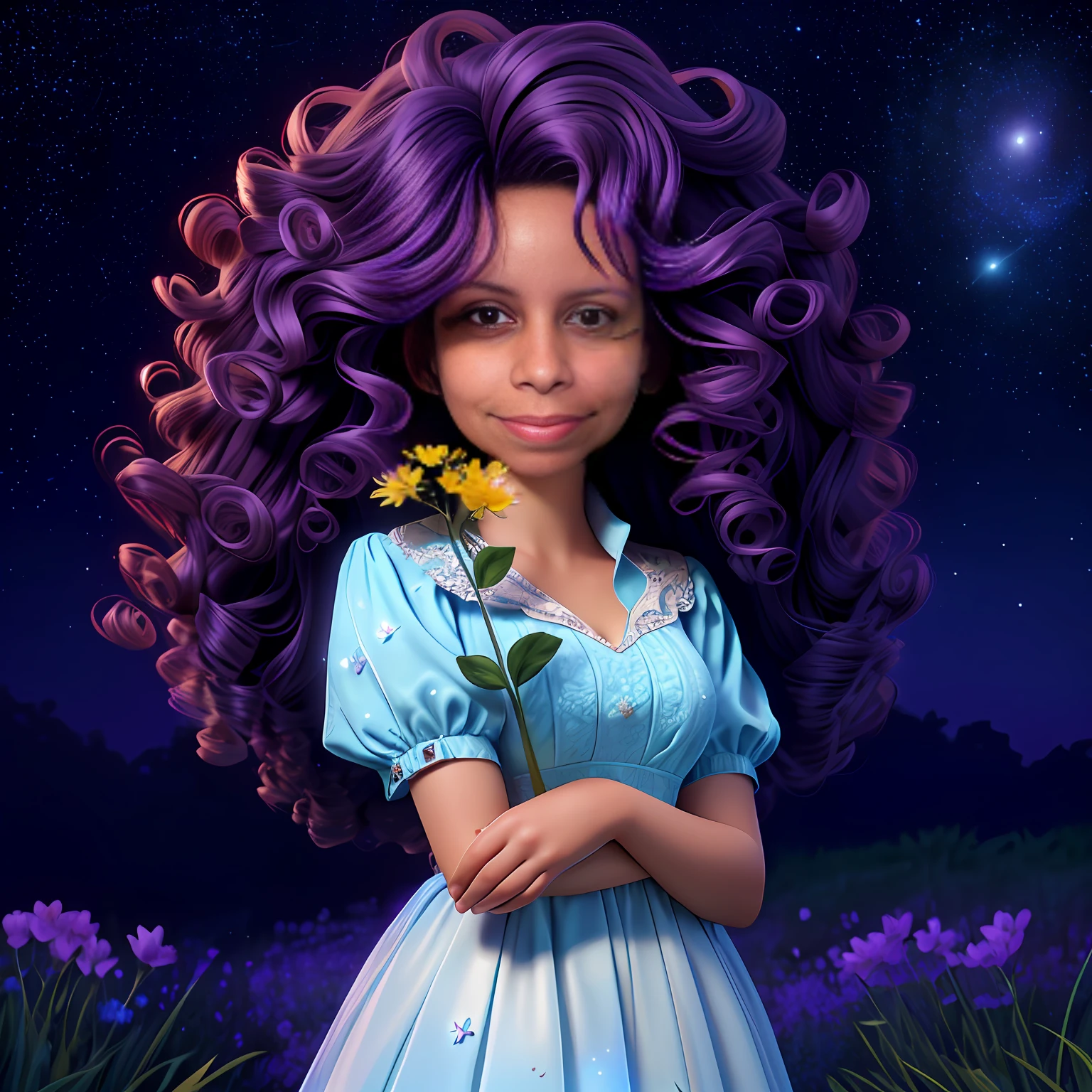 A curly-haired woman stands in a field of magical flowers. Each flower glows with vibrant colors and emitting a soft glow, creating a mystical environment. The twinkling stars in the night sky are reflected in the woman's curls, adding a touch of magic to her hair. She seems to be connected with nature and the cosmic energy around her, emanating an aura of power and charm.