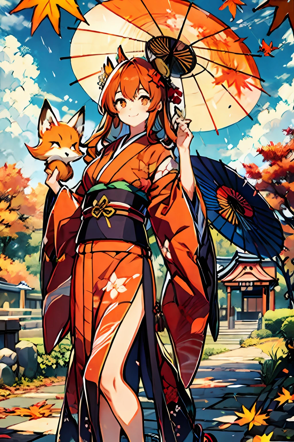 fluffy fox tail, fluffy nine-tailed fox crimson eyes slender body smile face 1 woman nako cute crimson eyes orange long hair open stan kimono dress dance effect very strong many autumn autumn leaves fox bride sunny sky big Japan umbrella sunny rain zentangle pastel watercolor
