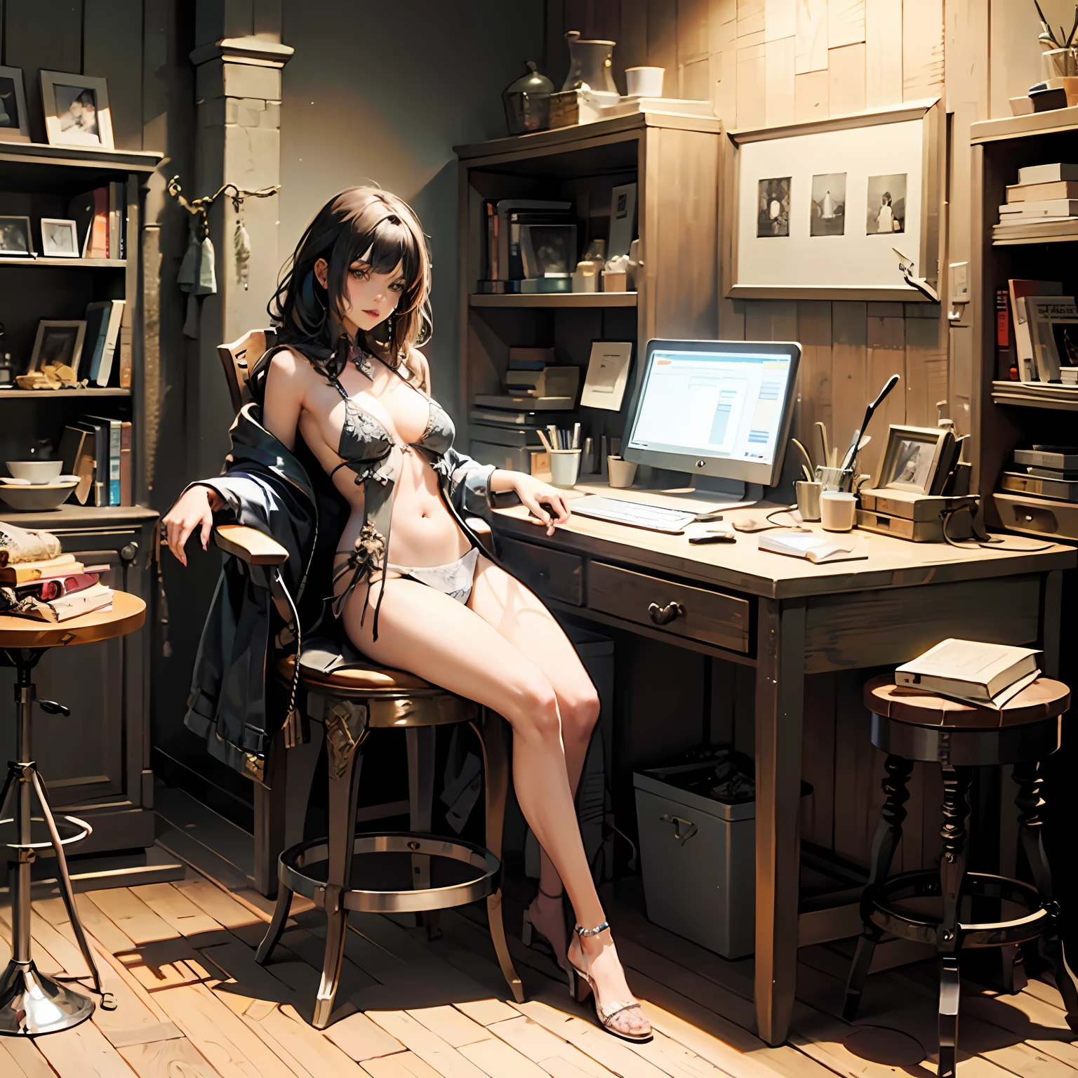Antique beauty,nakeness,and wear no underwear,sitting on a stool,The legs are forked,Raised sexy,full bodyesbian,frontage, --auto