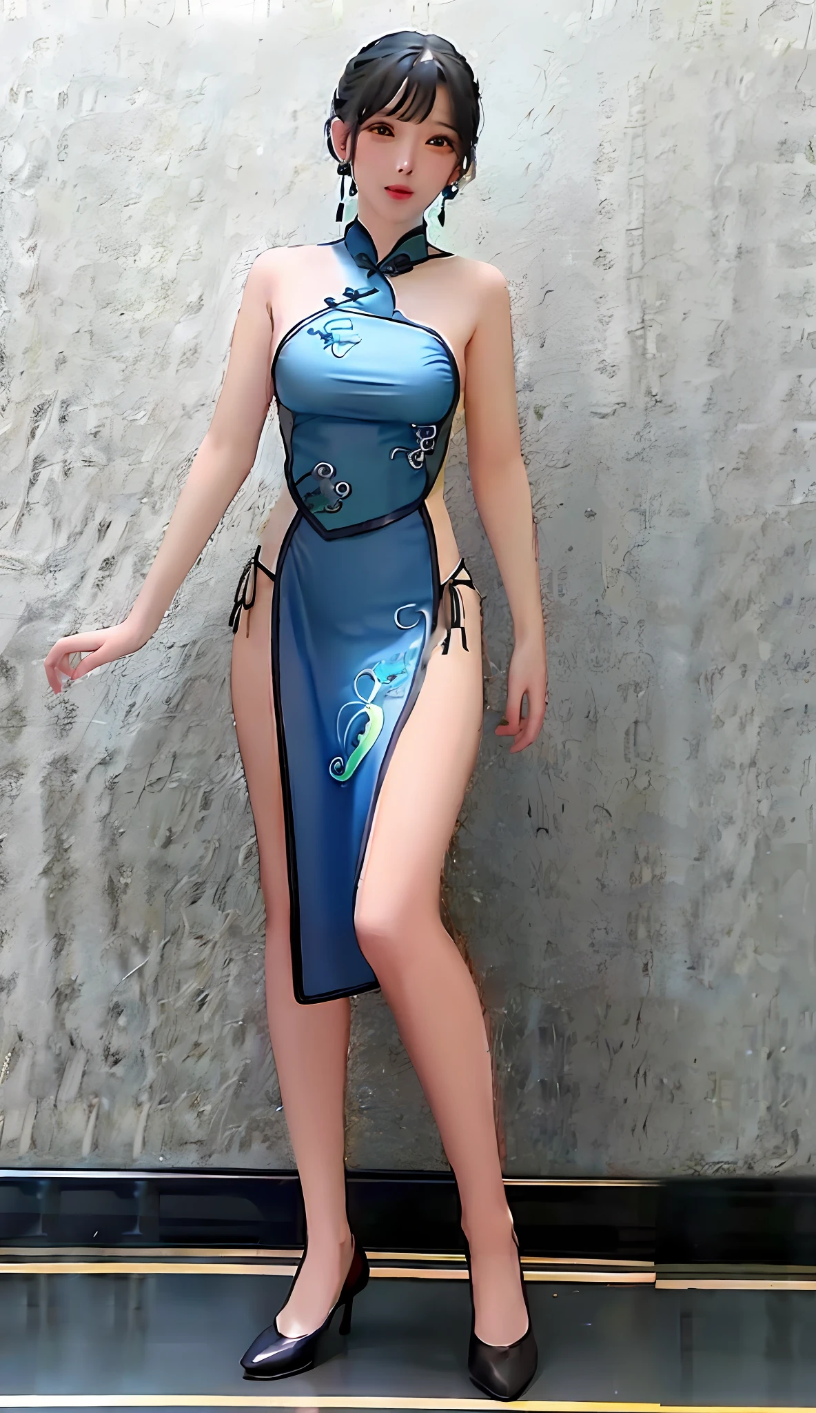 Full body photo of blue cheongsam woman