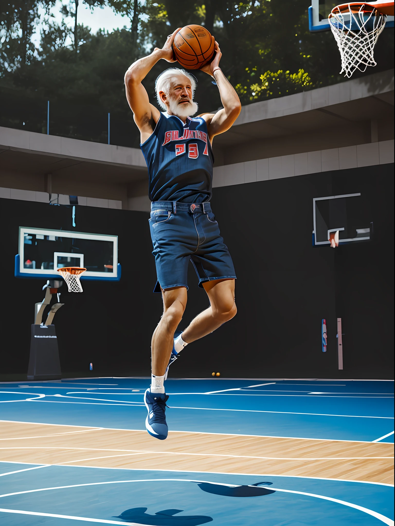 (HighestQuali,astonishing detail:1.4),tmasterpiece,Original characters,natural volumetric lighting and better shadows,Deep depth of field,Clear focus,An 85-year-old Asian man,The muscles are very beautiful,full bodyesbian,handsome face manly,Long white beard and long white hair,attractive with clear eyes,seduct smile,Dark jeans, (((On the basketball court,))) Slam Dunk,Leaping,Many players, over exposure, photorealestic, realisticlying, Sharp, on focus, at centre, sensuality, k hd, 8K, digital SLR camera, primitive