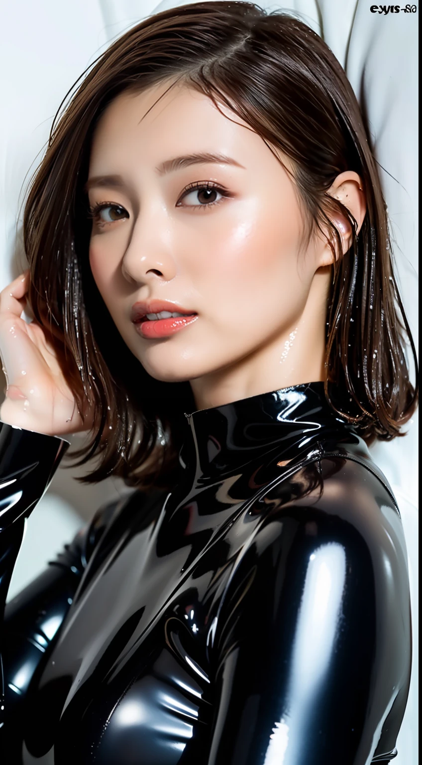 (Best Quality, 8k, 32k, Masterpiece, UHD: 1.2), Cute Japan Female Pictures, 1 Girl, (Medium: 1.1), (Tall Women), (Slim Figure: 1.1), (Glossy, Wet, Rubber Suit), Dark Brown Short Hair), Double Eyelids, Wet Skin, Wet Hair, Lying in Bed