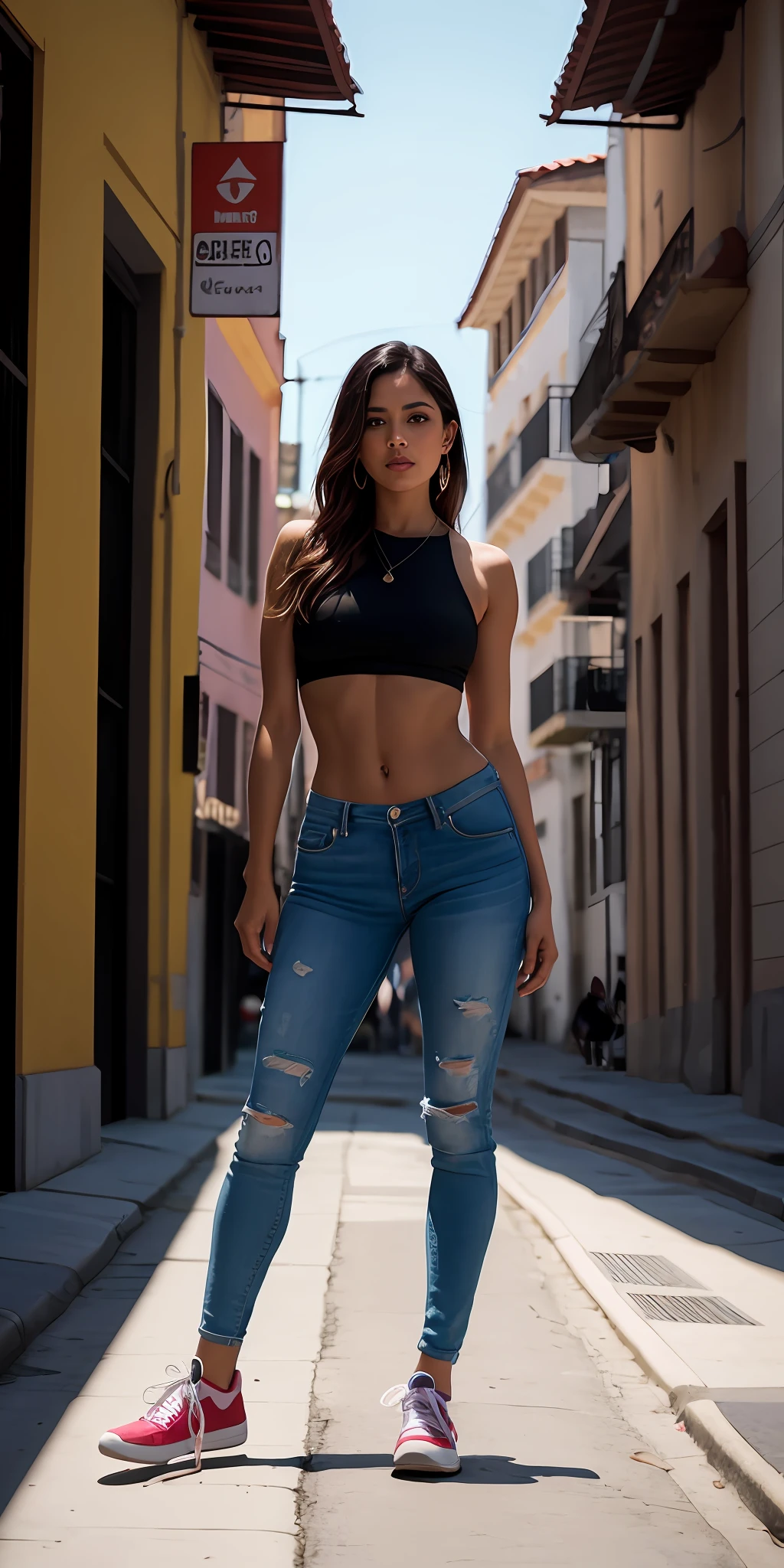 Mulher skateboarder, latina bonita, cabelo escuro, corpo inteiro, em roupa de skateboarder, (pernas a mostra), do lado de fora na rua, ((magro, pequeno)), fotografiarrealista, fotografia, obra-prima, realista, Realismo, renderizado, Alto contraste, arte digital, fotográficorealista, trend in Artstation 8k HD, High definition, circunstanciado, Realistic;, detalhada, textura da pele, hiperdetalhada, Textura realista da pele, armadura, melhor qualidade, ultra high-resolution, (fotografiarrealista: 1.4), alta resolução, detalhada, fotografia crua, sharp re, By Lee Jeffries Nikon D850 Film Stock Photography 4 Camera Kodak Portra 400 Lens F1.6 colors rich hyper realistic texture dramatic lighting unrealengine trend in artstation cinestill 800, .RAW.