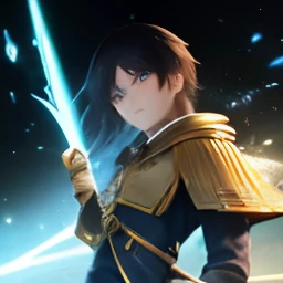 Anime - the image of a gold-armored warrior holding a spear，blue colored eyes，Black hair，There are determined eyes，Combat-ready pose，He was the captain of the Twelve Royal Guards，Has a powerful aura。12K Ultra Clear