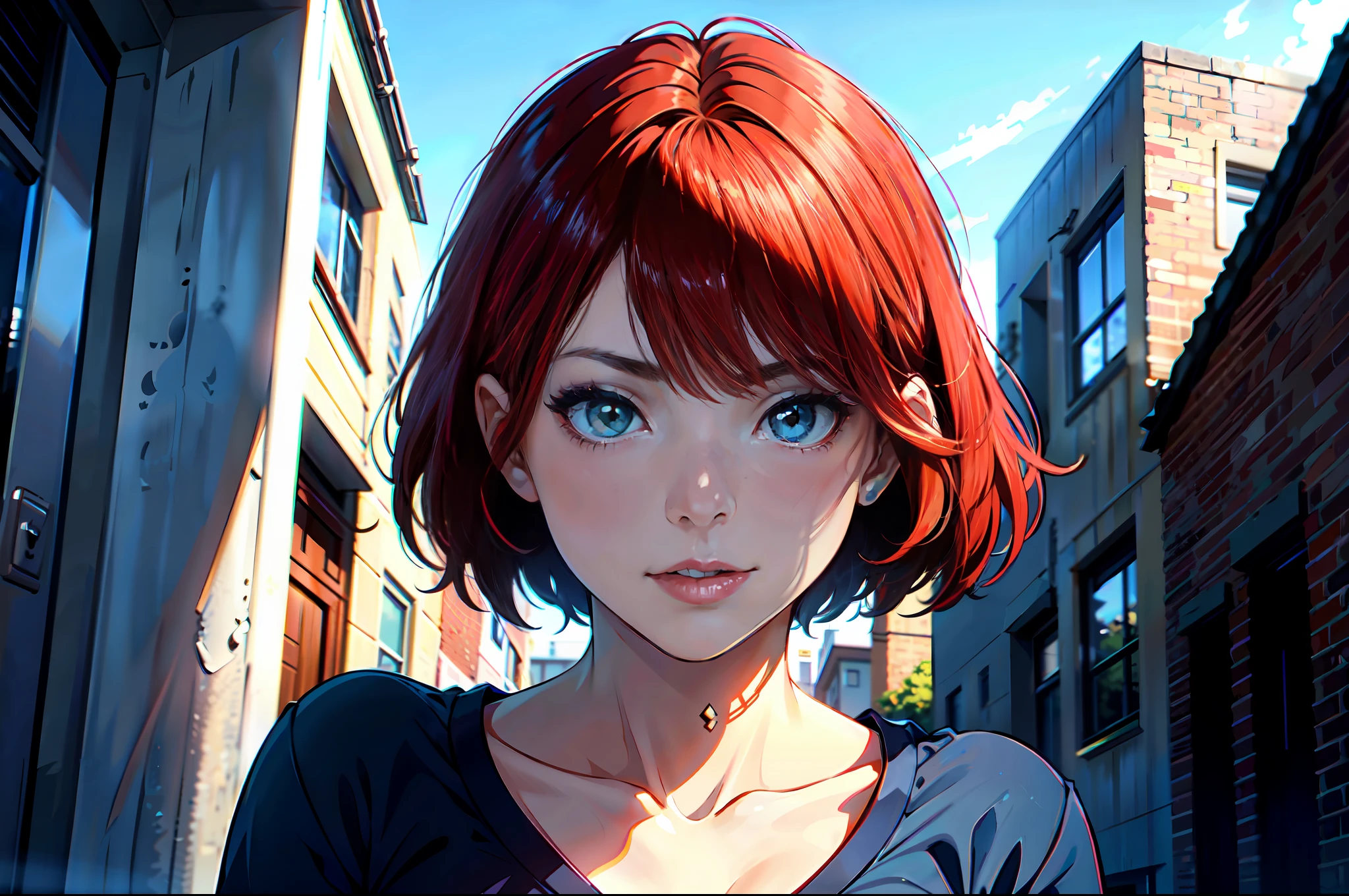 there is a young woman with a short hair and a blue shirt, a redheaded young woman, perfectly centered portrait, 7 0 mm portrait, red haired young woman, 4 k asymmetrical portrait, head centered portrait