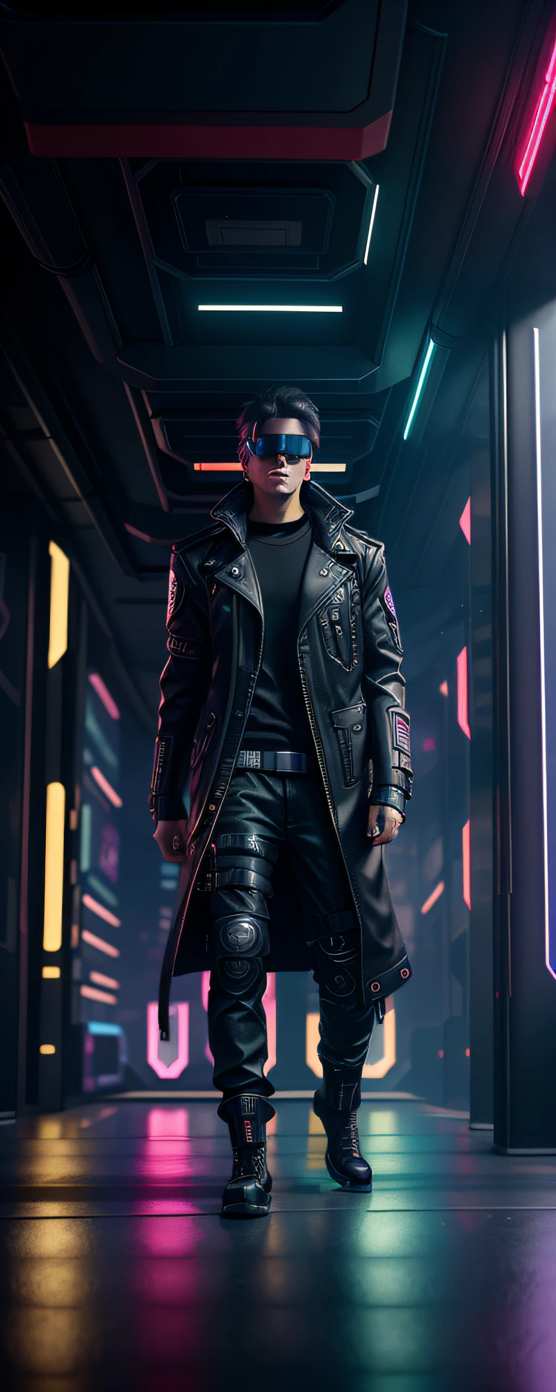 a man in a black jacket and glasses stands in front of a futuristic city, vr game, cyberpunk vibe, cyberpunk vibes, deeper into the metaverse we go, has cyberpunk style, cyberpunk theme, in cyber punk 2077, cyberpunk futuristic, cyberpunk future, synthwave, wearing cyberpunk streetwear, futuristic cyberpunk, cyberpunk tech, retro cyberpunk, synthwave style