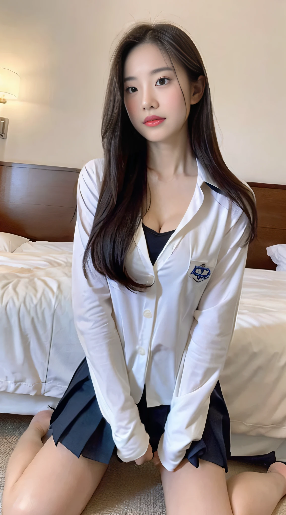 Taiwanese beauty,perfect bodies,Whiten skin,long whitr hair,Protruding cleavage,Raised sexy,JK school uniform,kneeling on a bed,No hands