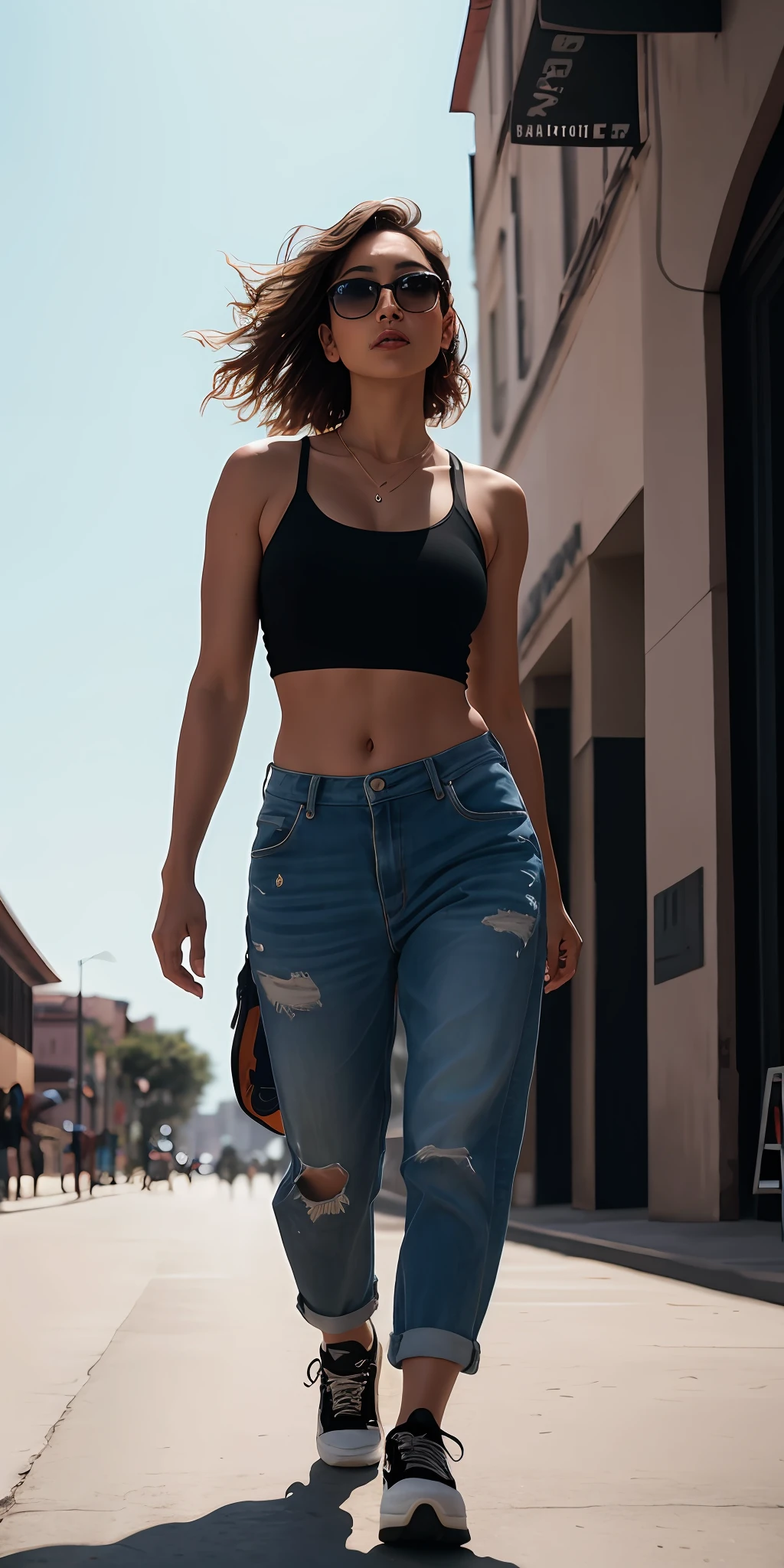 Mulher skateboarder, latina bonita, cabelo escuro, corpo inteiro, em roupa de skateboarder, (pernas a mostra), do lado de fora na rua, ((magro, pequeno)), fotografiarrealista, fotografia, obra-prima, realista, Realismo, renderizado, Alto contraste, arte digital, fotográficorealista, trend in Artstation 8k HD, High definition, circunstanciado, Realistic;, detalhada, textura da pele, hiperdetalhada, Textura realista da pele, armadura, melhor qualidade, ultra high-resolution, (fotografiarrealista: 1.4), alta resolução, detalhada, fotografia crua, sharp re, By Lee Jeffries Nikon D850 Film Stock Photography 4 Camera Kodak Portra 400 Lens F1.6 colors rich hyper realistic texture dramatic lighting unrealengine trend in artstation cinestill 800, .RAW.