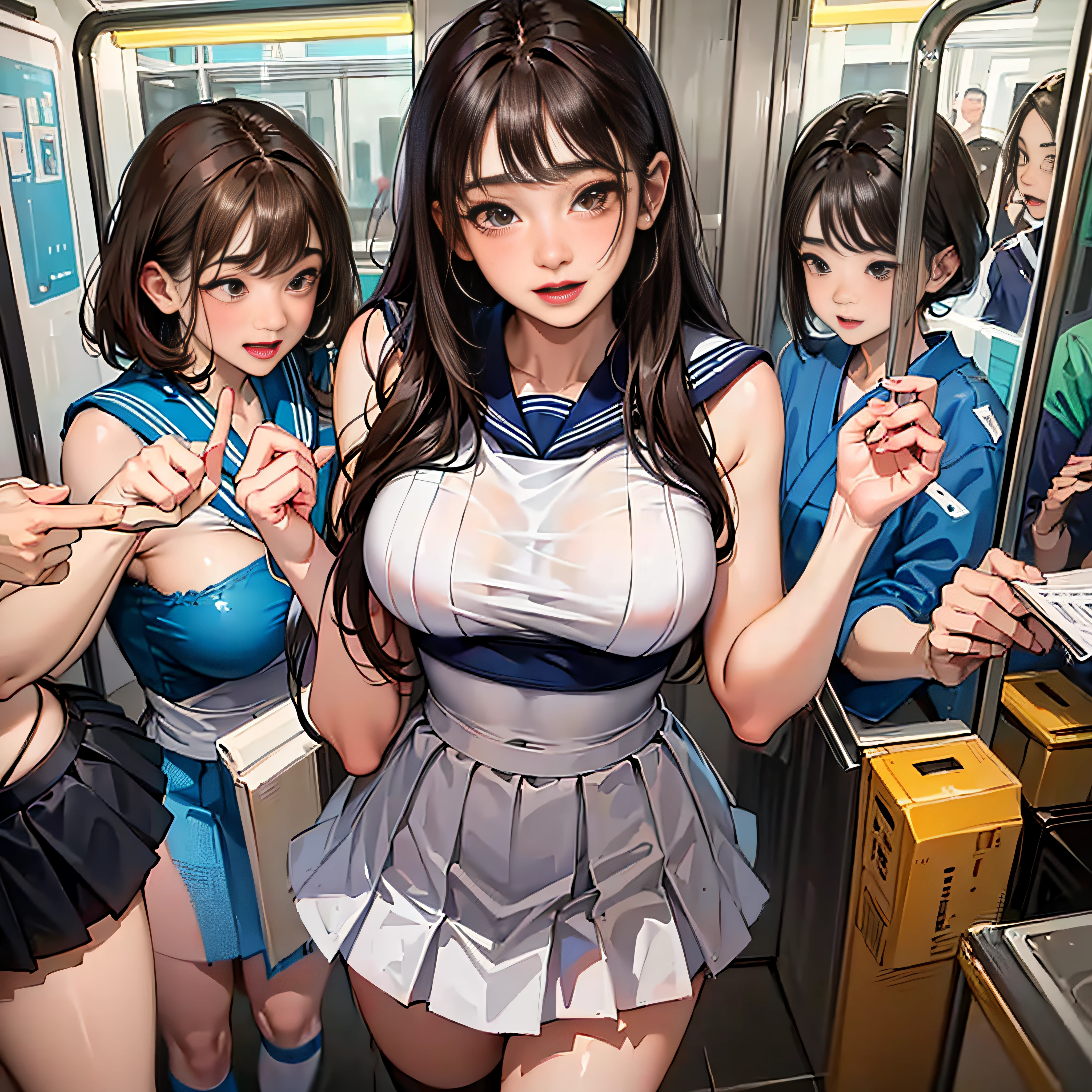 ((Realistic lighting、top-quality、in 8K、masterpiece:1.3))、Clear focus:1.2、twogirls、Perfect figure:1.4、Slim abs:1.1、((dark brown hair))、(White crop top:1.4)、(outside of house、natta:1.1)、Street、Super fine face、Narrow-eyed、二重まぶた、Beautiful fece、Opened mouth:1.8、Smile、Staring at the camera with a refreshing smile、Two beautiful sisters who are most famous in the world、Constriction of the lower back、Beautiful legs、Taut skin、Highly detailed facial and skin texture、A detailed eye、thin cheeks、Healthy skin、(Layered hairstyle、dark brown hair)、(large full breasts)、((disheveled outfit and hair:1.2))、(Elegant Japan sailor suit:1.5)、((skirt rift:1.3)), (Large breasts emphasis、Natural cleavage)、(Cuddle in an incredibly crowded subway train))、frombelow、((Blushing expression:1.5))、