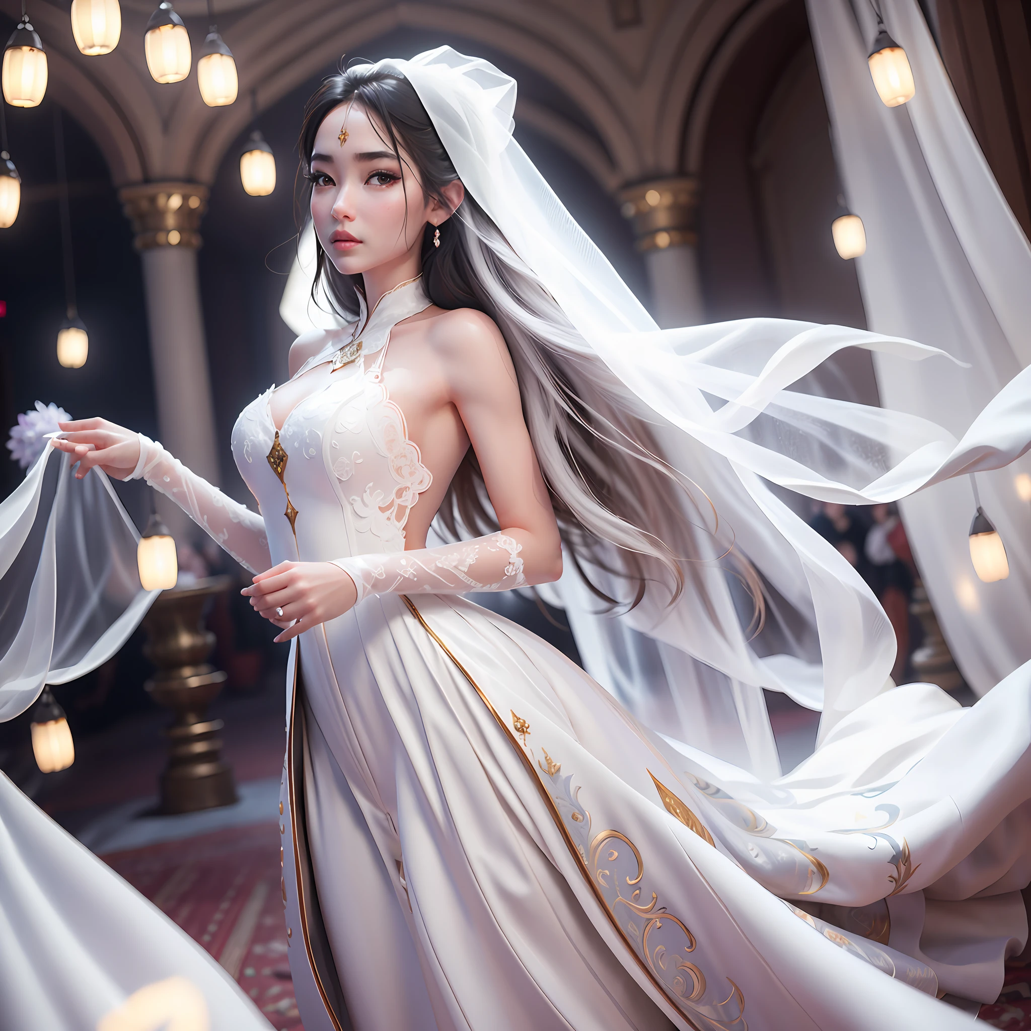 White high-end wedding dress，beautiful bride，The action is charming，A beautiful face，Oriental femininity，White skin of the，Dingdall effect，realisticlying，Digital SLR, softlighting, high high quality, volumettic light, sneak shot, photore --auto