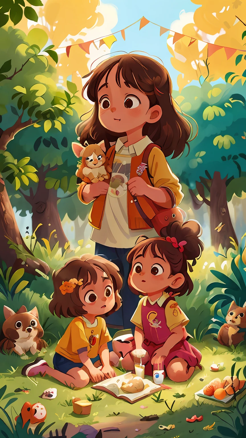 three girls: uma de 12 anos, uma de 7 anos e uma de 5 anos, cabelos castanhos encaracolados, brincando, gatos e coelhos e cachorros, picnic, divertidas, felizes