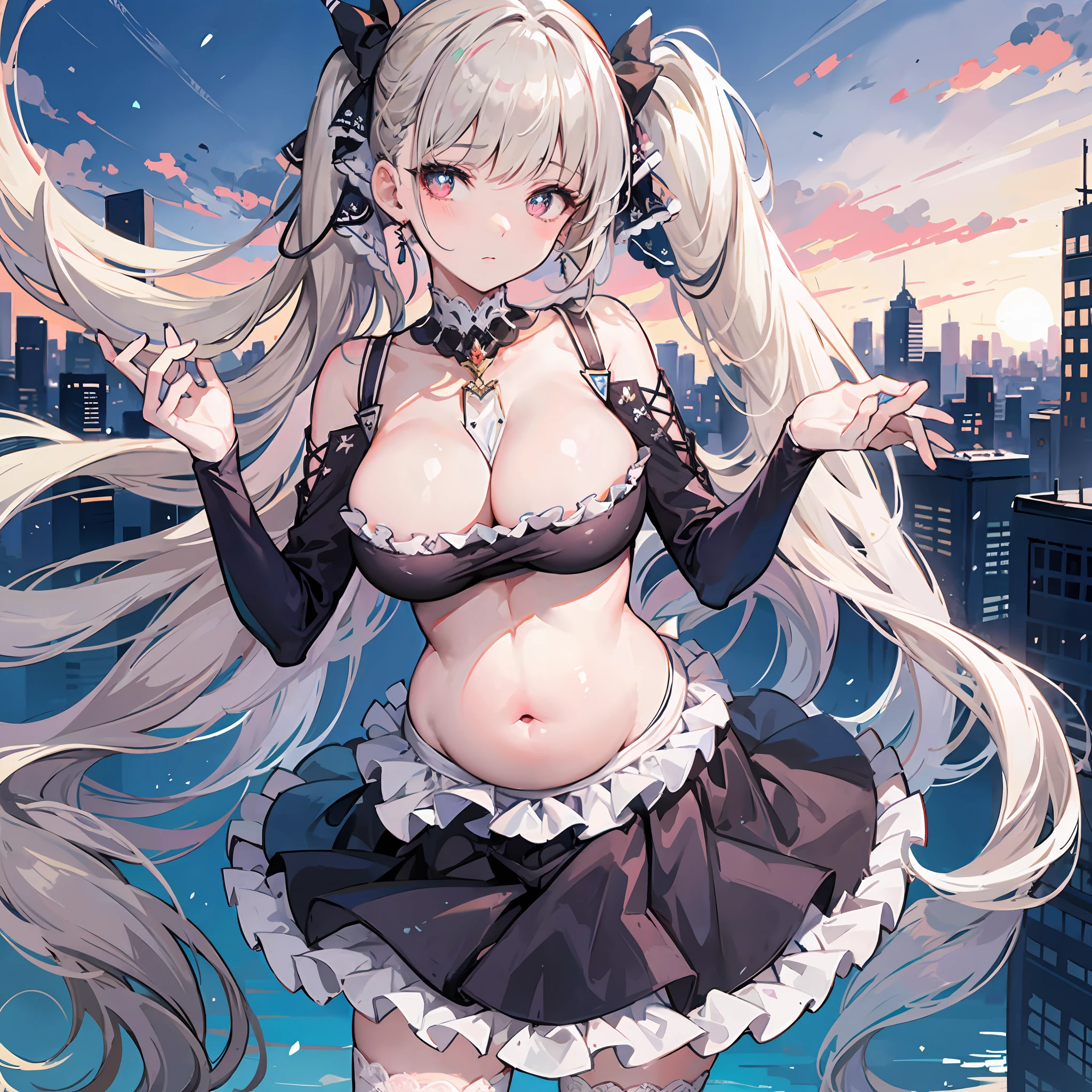 tmasterpiece, Best quality, (Detailed eyes and skin), ((Realistic)), , 1girll, Purple hair dress_Hair, golden colored_clothes, black_clothes, Blue_Eyes, Blue_sky, bblurry, bblurry_Background, bblurry_foreground, (modern_City:1.5), mediating_Breasts, Exercise_bblurry,photore_\(curly\),long whitr hair,Skysky,独奏,Full body body,Pregnant belly,Beth,Showing the belly,youthfulenergy,18-year-old girl,adolable,Two-dimensional painting style,Pregnant women with,Best quality, 8K, High quality,, hair adornments, hair-bun, Long hair, bangs, bow, maid headdress, upper legs, Stockings, white thighhighs, cleavage cutout, Face focus, Close-up of a corpse in the distance, (Heart-shaped pupils:0.9), (Blush:0.65), (1girll, Solo:1.4), Cityscape, Blue sky, Bright sky, Sunny, holding flower, Large breasts, Detailed background, Detailed clouds,Pregnant belly,Two-dimensional painting style,(Masterpiece), Best quality, Fine details, Highest picture quality, Masterpiece,exquisite CG,1girll,Closed mouth,Brown eyes,Long hair,bangs,Bare shoulders, cleavage,(Big breasts:1.4),Bare arms,navel,Lace,a garter belt,Thighs,,White pantyhose,water,hyper pregnant,Girl,SushangV4,Yae,SideBraid,Black bandeau,black lence stockings
