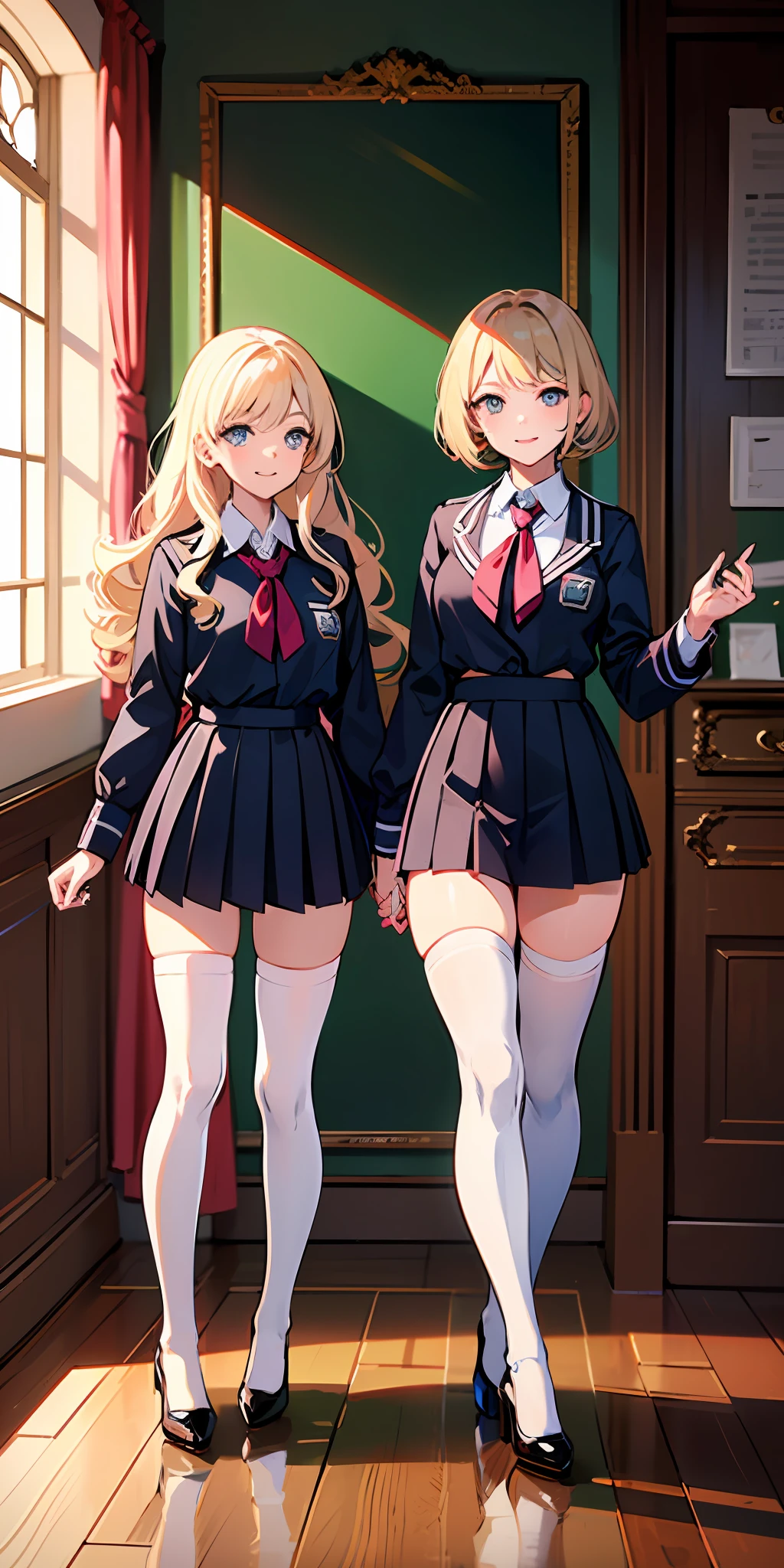 ((Masterpiece, highres)), 2girls, duo, twins, ((one brown haired girl, one blonde girl)), long hair, curly hair, matching hairstyles, different hair color, confident, elegant, rich girls, proud smiles, (((matching outfits, identical outfits, pink school uniforms, sexy school uniforms, white thighhighs, long white socks, black high heels))), standing at attention, shoulder to shoulder, same pose, mansion