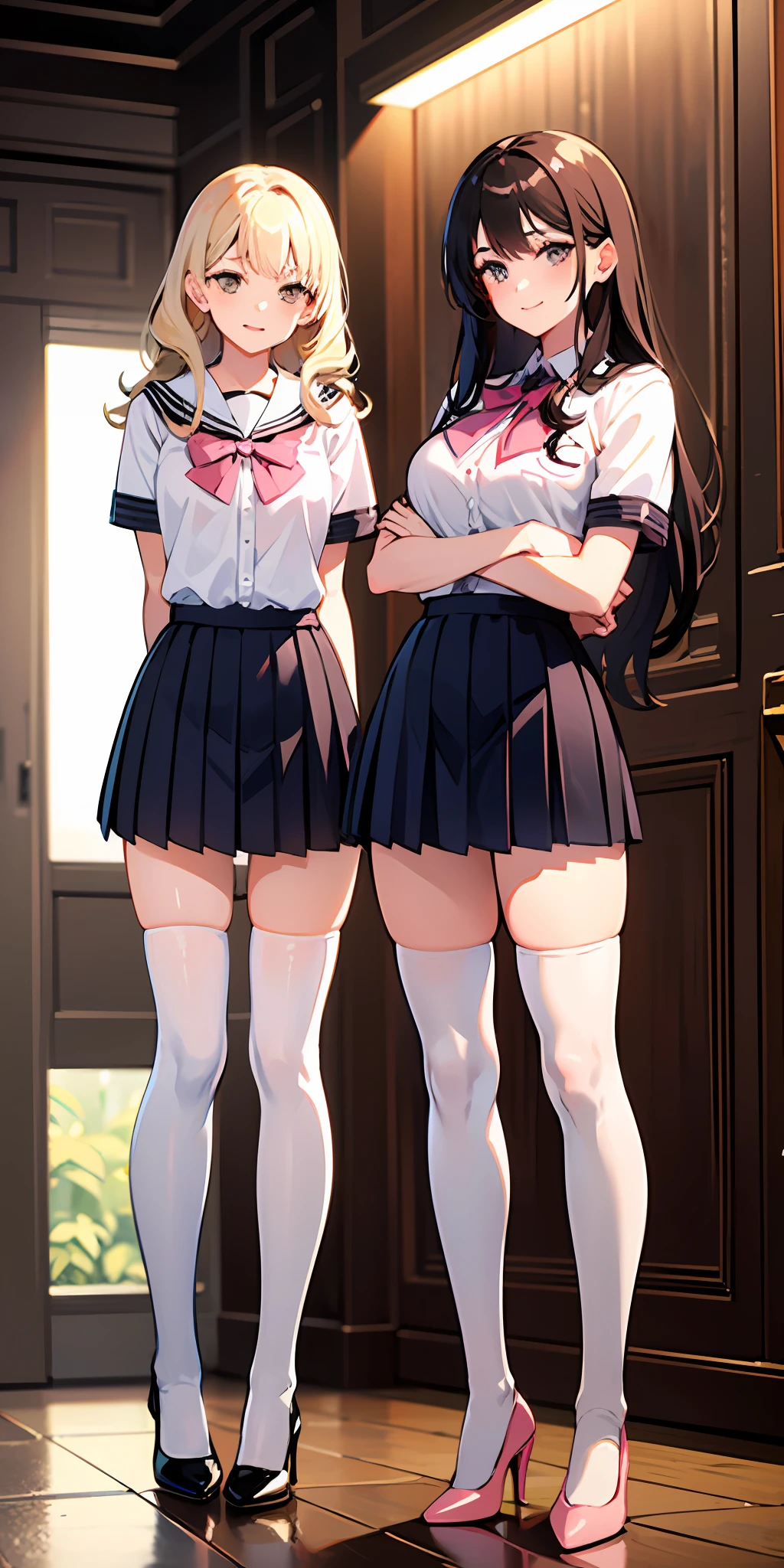 ((Masterpiece, highres)), 2girls, duo, twins, ((one brown haired girl, one blonde girl)), long hair, curly hair, matching hairstyles, different hair color, confident, elegant, rich girls, proud smiles, (((matching outfits, identical outfits, pink school uniforms, sexy school uniforms, white thighhighs, long white socks, black high heels))), standing at attention, shoulder to shoulder, same pose, mansion