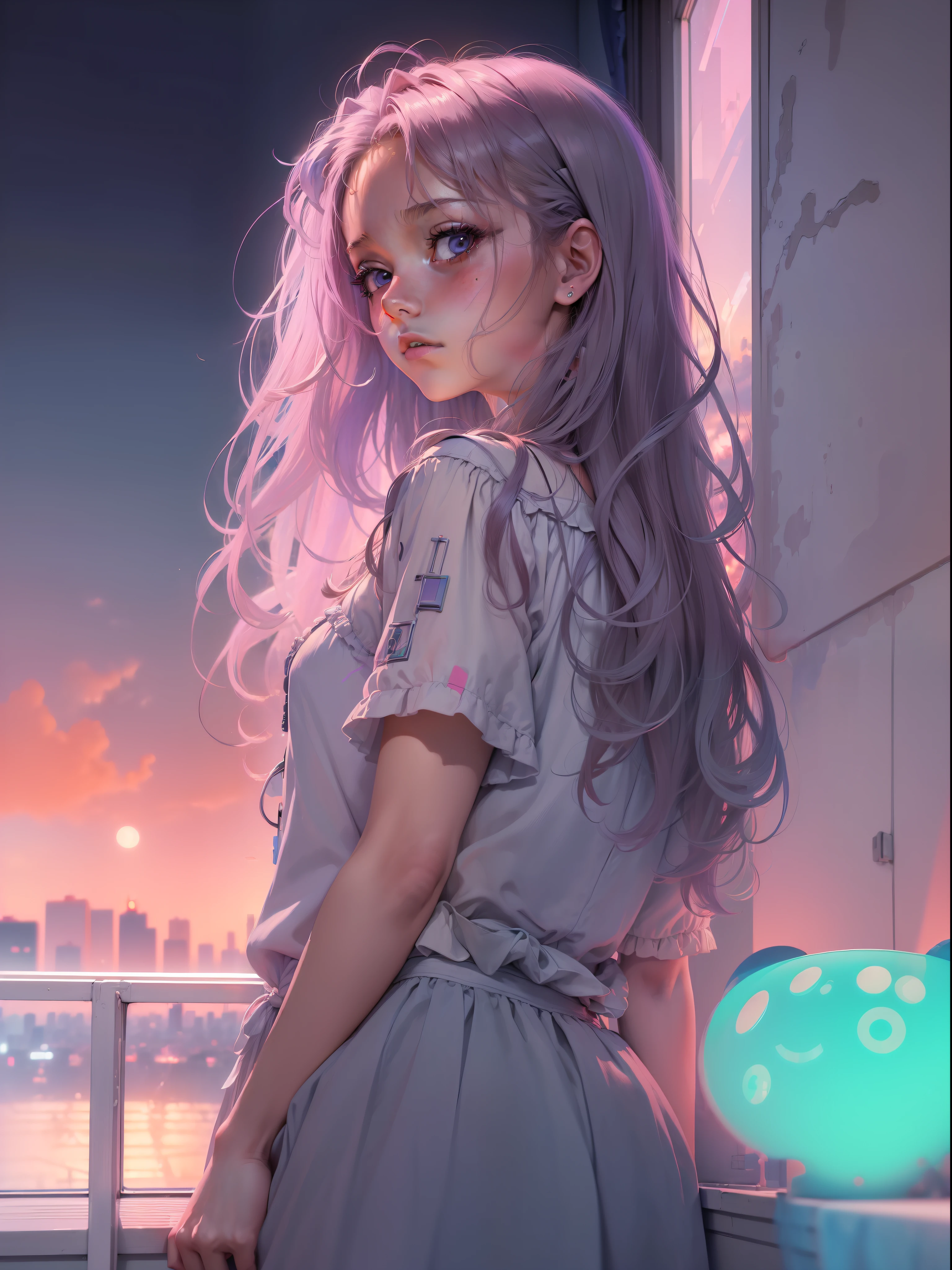 (masterpiece:1.5, best quality:1.5), ((VaporWave style, partially coloring)), close-up, from above, cinematic angle,
1girl, Look tired, long_hair, solo, in bedroom, dolls were in a mess, decadent life,
pole outside the window, sunset outside the window, street outside the window, the sunset outside the window,