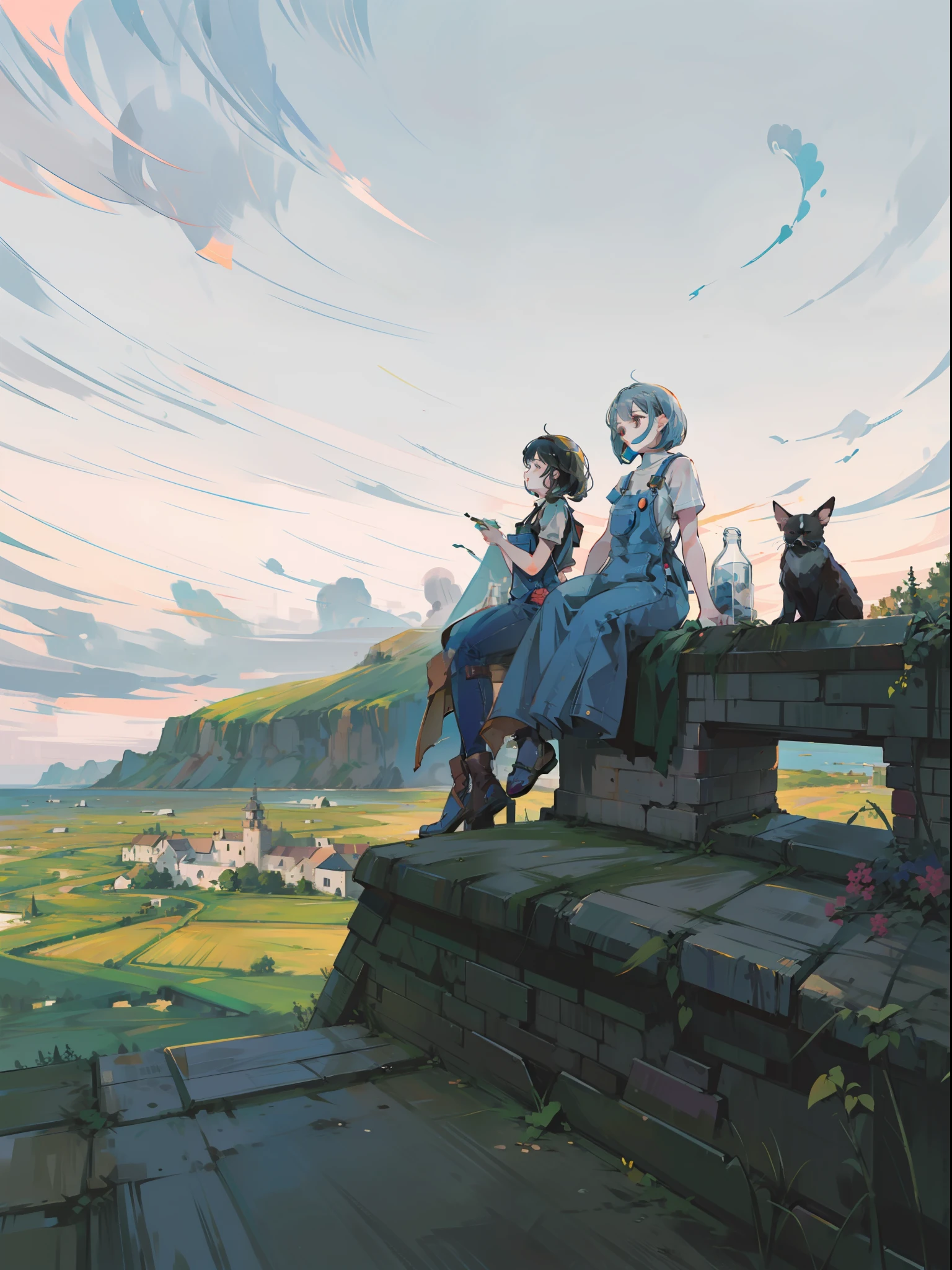 Very beautiful woman sitting on top of a tall building。Smiling。Composition looking down from above。Silver Wave Bob Hair。Coolly decorated overalls with damage。Brick cityscape。vast blue sky。Dynamic composition with depth。Extremely high quality、high-level image quality、Extremely delicate drawing。Rarely seen workmanship
