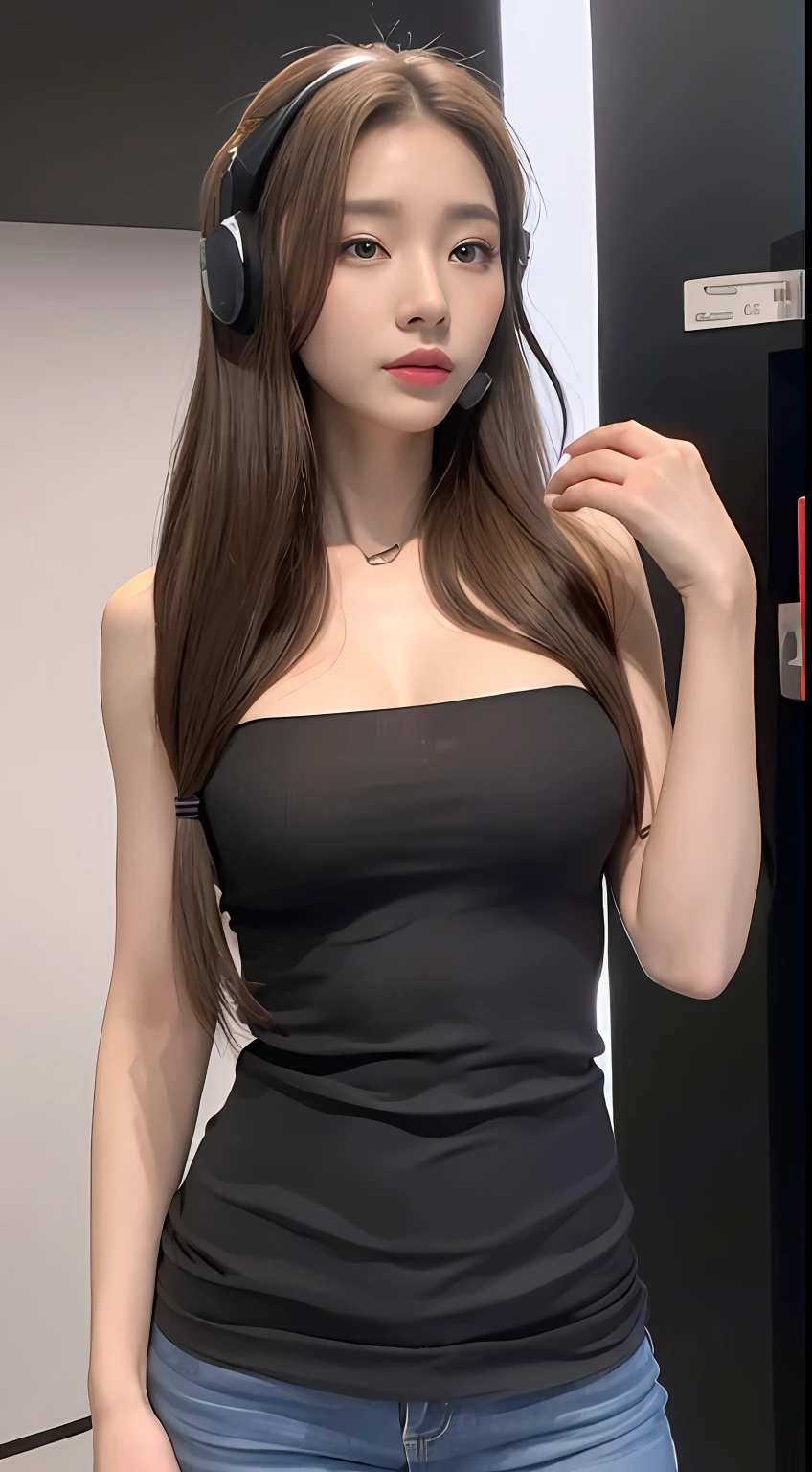 ((Top  Quality, 8K, ​masterpiece: 1.3)), 1woman, Slender abs beauty: 1.3, (Hairstyle casual, large full breasts: 1.2), The dress: 1.1, Ultra-fine face, A detailed eye, Double eyelidd, Listen to music, Wearing a headset, speakers, Erase letters