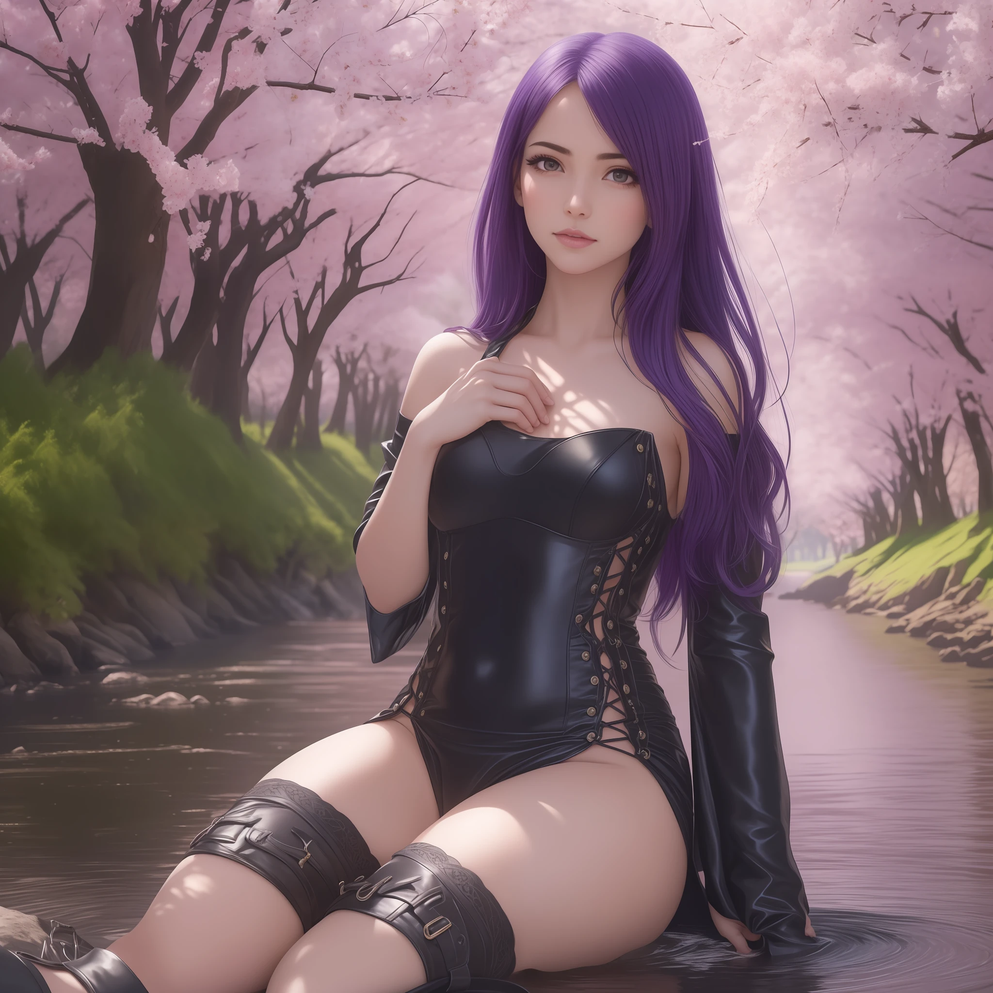a 20-year-old girl surrounded by cherry trees,
cuerpo completo,
luz del sol,
cinematiclight,
desde abajo,
edgScene purple,
hair (smooth flat),
long hair,
horsetail hair,
ojos morados,
Gargantilla,
(pechos enormes: 1.4),
sin sujetador,
vestido, plateado,
(dedo del pie de camello, Cameltoe, en forma de,
(mascara),
pies sumergidos en el rio,
(botas largas, tacones altos),
(obra maestra, mejor calidad), sthe highest qualit, cinematiclight, 4k