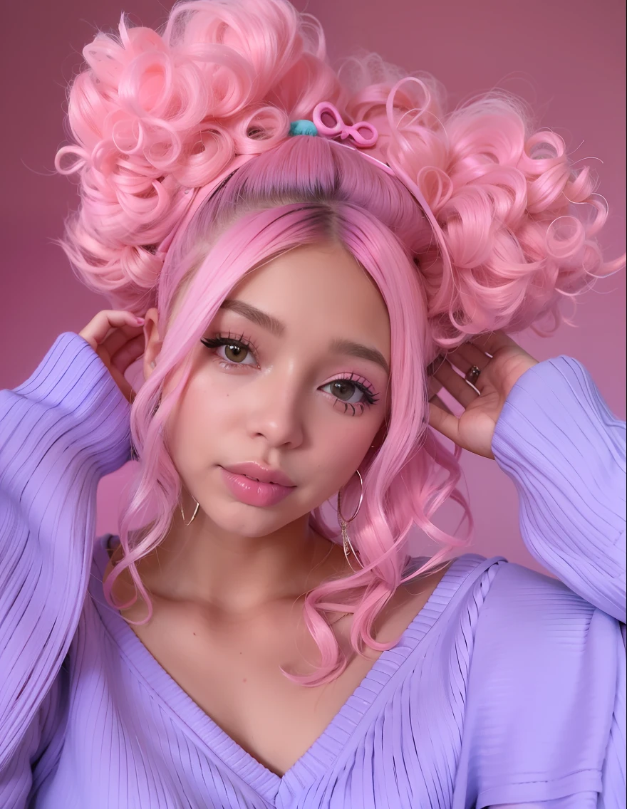 A woman with pink hair and a purple sweater posing for a photo, cabelo rosa encaracolado, messy curly pastel hair, cabelo chiclete, cabelo rosa wispy, enorme cabelo rosa encaracolado, gigantic pink ringlets, cachos rosa gigantescos apertados, com cabelo rosa, gigantic tight pink ringlets, Gato Doja, tom de pele rosa pastel, maquiagem pastel, cabelo rosa, rosto rosa brilhante