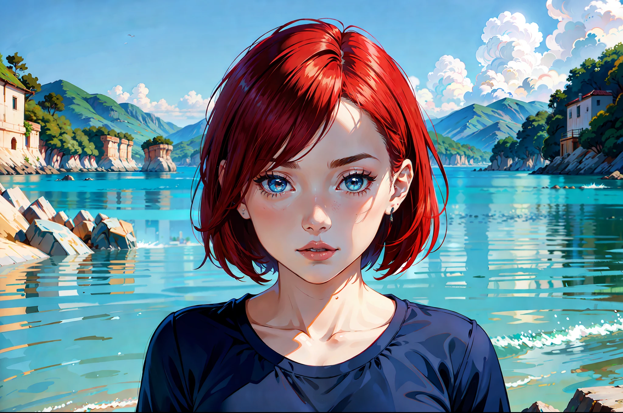 there is a young woman with a short hair and a blue shirt, a redheaded young woman, perfectly centered portrait, 7 0 mm portrait, red haired young woman, 4 k asymmetrical portrait, head centered portrait, landscape