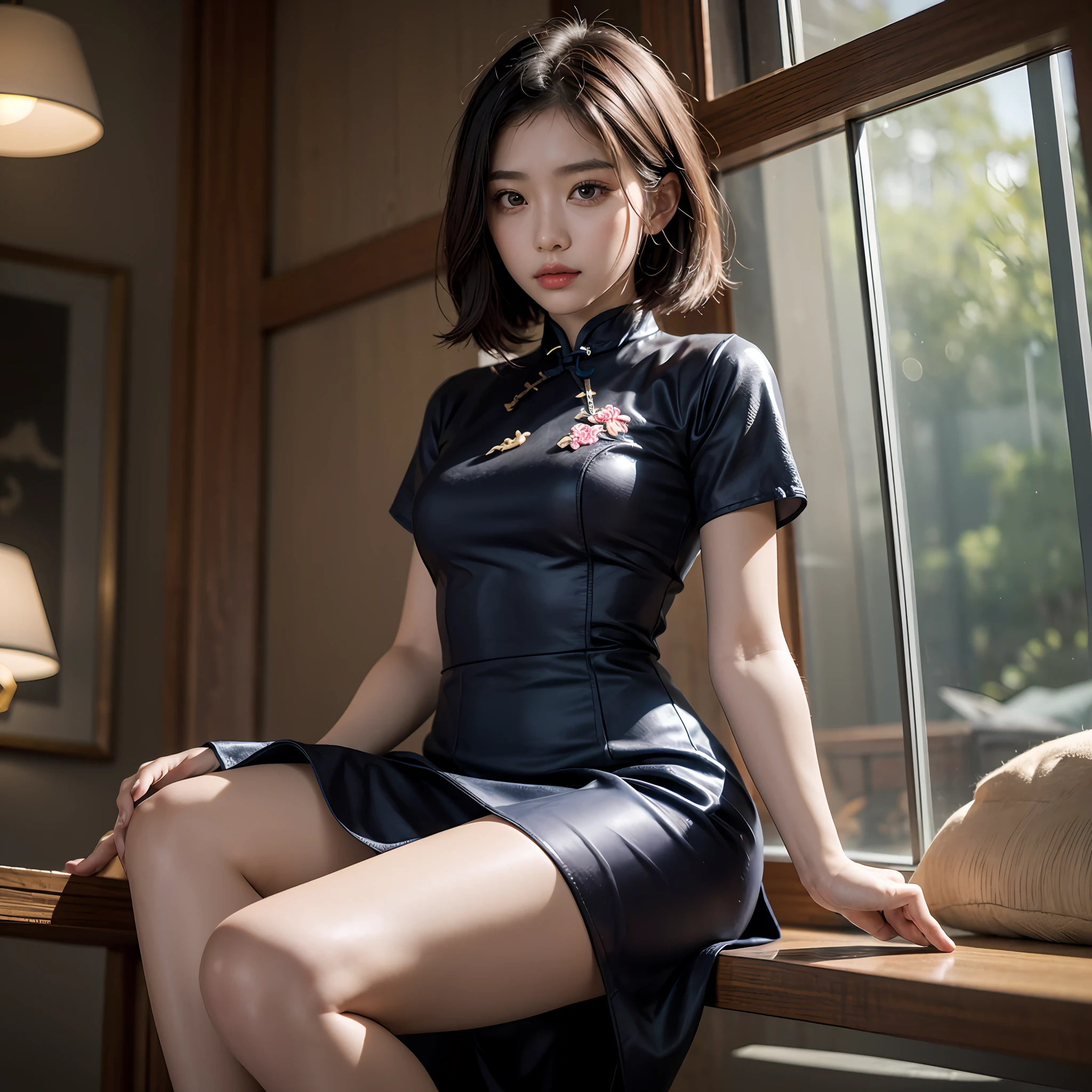 1girl in, (((shorth hair))), qipao dress,long  skirt，(​masterpiece, top-quality, Near and far law), beautiful expression, in 8K, Raw foto, Photorealsitic, film grains, chromatic abberation, hight resolution, ultra-detailliert, finely detail, 动态照明, Dramatic Lighting、shadowy、extremely detailed eye and face、Round pupils、Modern and luxurious room、long legged、clong legs