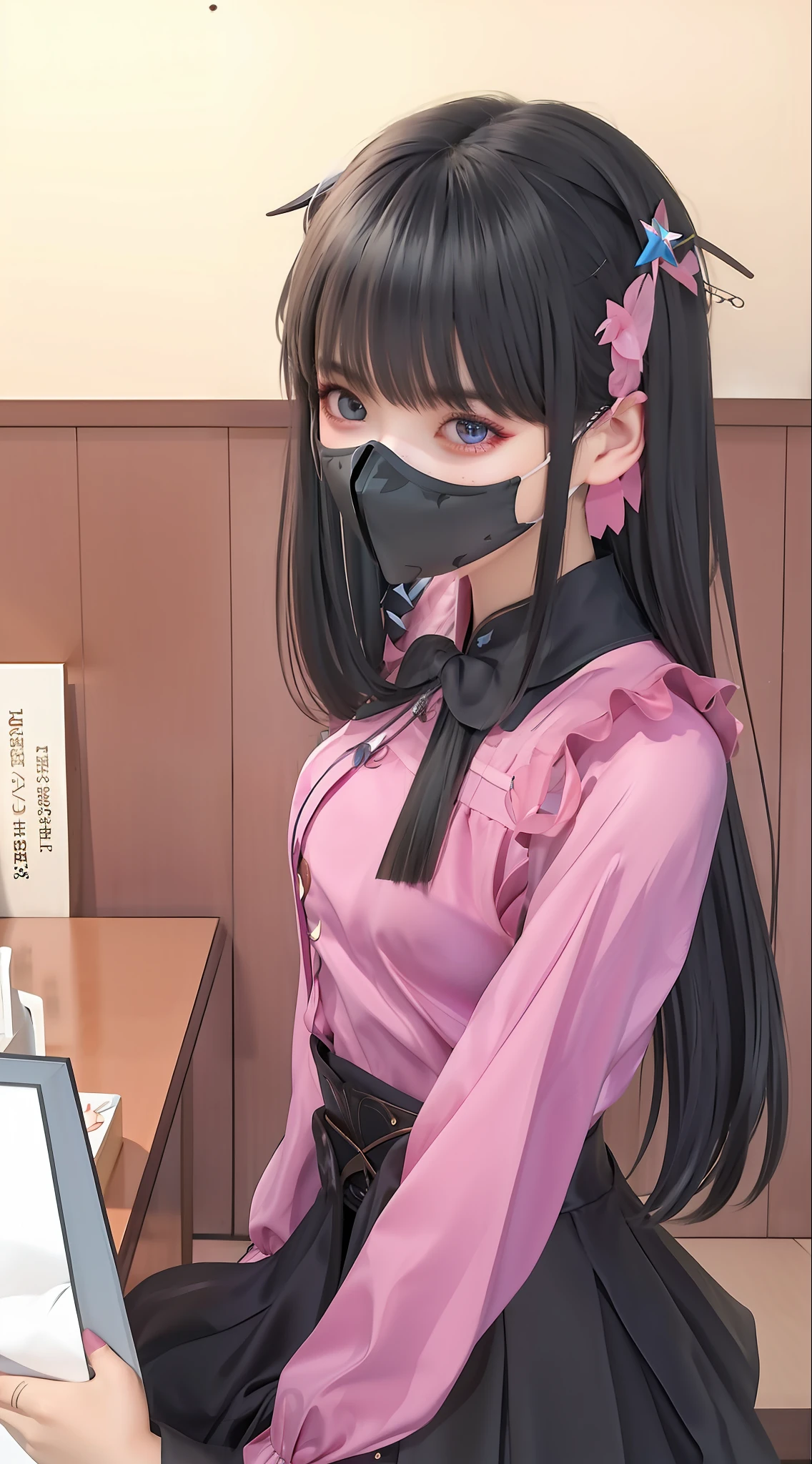 brunette color hair,mouth mask,Raised sexy,shairband,adorable eyes,Kizi,offcial art,Unity 8k壁纸,ultra - detailed,Aesthetics,tmasterpiece,best qualtiy,realisticlying,illuminating,Frankness,photore,A high resolution,4k,8k