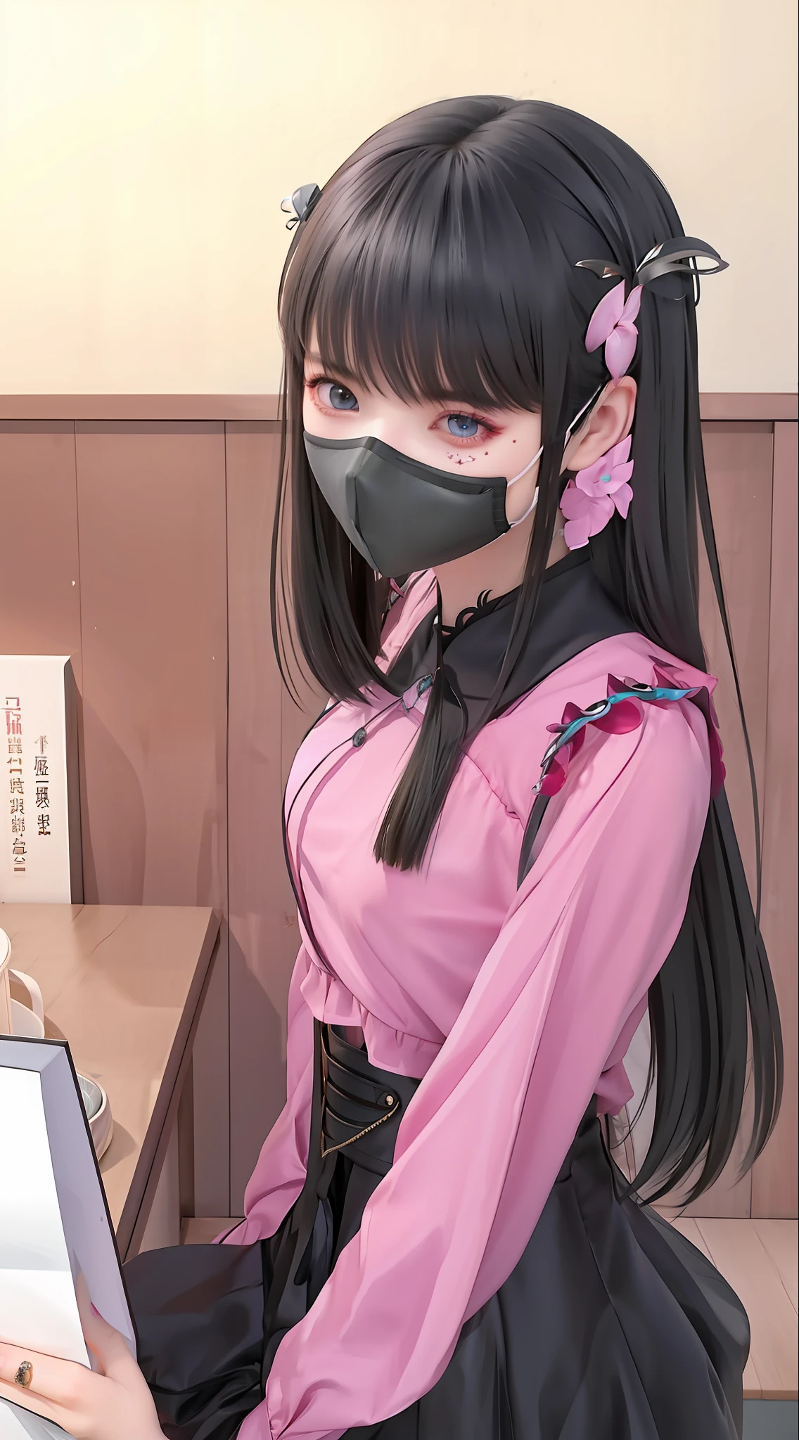 brunette color hair,mouth mask,Raised sexy,shairband,adorable eyes,Kizi,offcial art,Unity 8k壁纸,ultra - detailed,Aesthetics,tmasterpiece,best qualtiy,realisticlying,illuminating,Frankness,photore,A high resolution,4k,8k