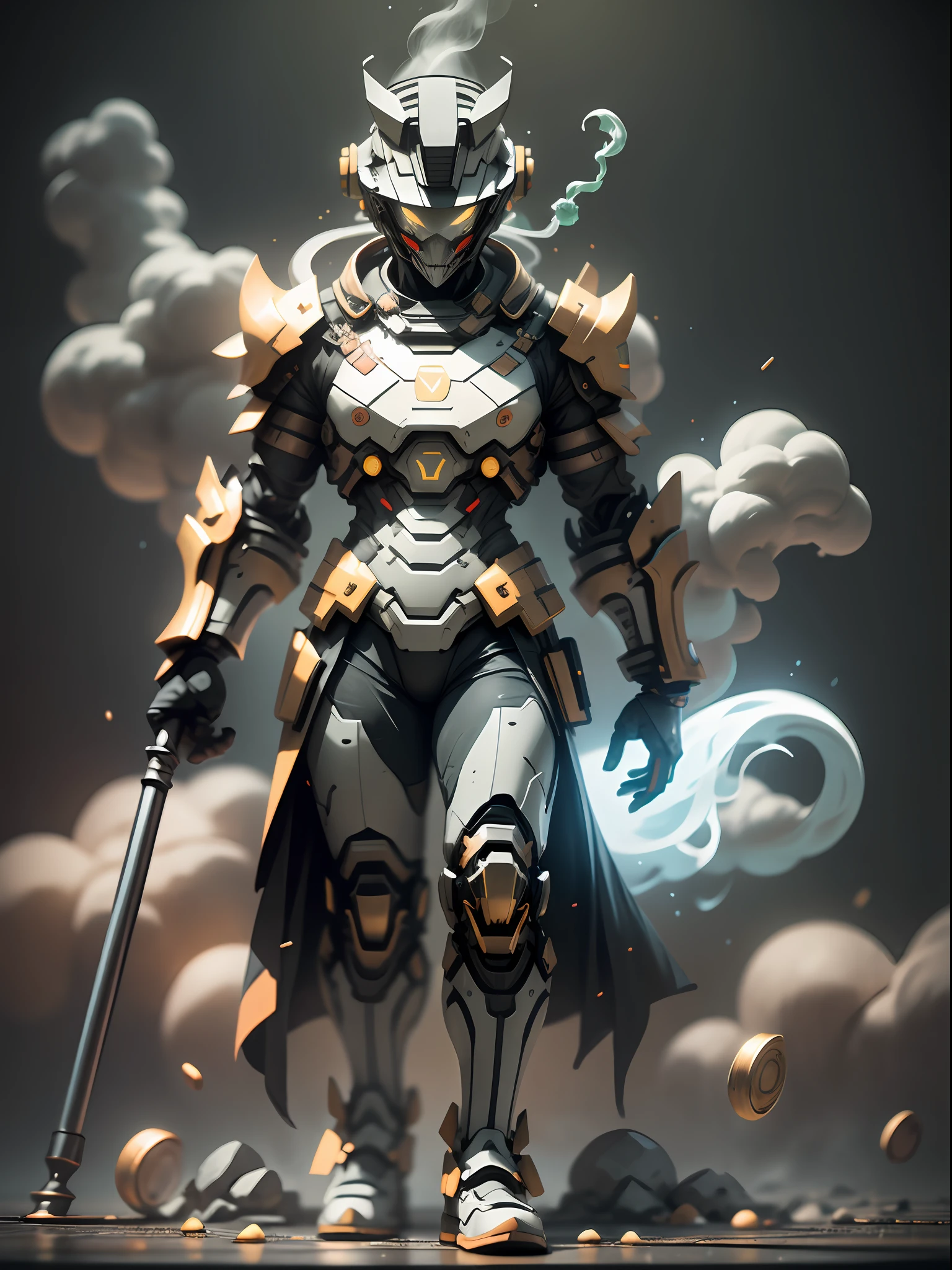 Ghost clown with lollipop, super cool ghost clown, holding crutches, grimace, top hat, green armor, wearing green mechanical armor, smoke surrounding, juggling props, cloud and smoke surrounding, stage lighting atmosphere, glowing eyes, huge lollipop, imposing walking, positive perspective, perfect body proportions, tall figure, tall height, full body photo, super detail, looking up view, IP by pop mart, edge light, avatar, octane rendering, blender, full body, Clean Black Background, 3D, C4D, Best Quality, Very Detailed, Ancient Technology, HDR (High Dynamic Range), Ray Tracing, NVIDIA RTX, Super Resolution, Unreal 5, Subsurface Scattering, PBR Textures, Post Processing, Anisotropic Filtering, Depth of Field, Maximum Clarity and Sharpness, Multi-layer Textures, Albedo and Highlight Maps, Surface Shading, Accurate Simulation of Light-Material Interactions, Perfect Proportions, Octane Rendering, Two-tone Lighting, Low ISO, White Balance, Rule of Thirds, Wide Aperture, 8K RAW, high efficiency sub-pixel, subpixel convolution, luminescent particles, light scattering, Tyndall effect