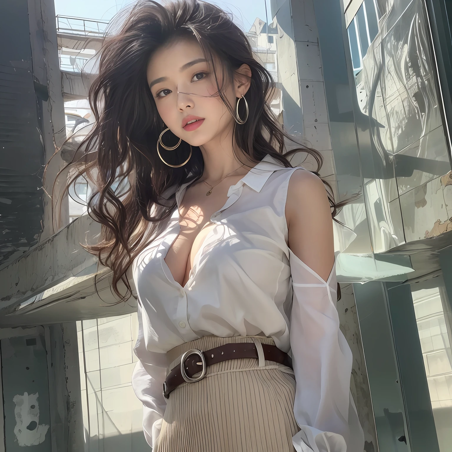 (top-quality、hight resolution、​masterpiece:1.3)、Tall and cute woman、Slender Abs、Dark brown hair styled in loose waves、breastsout、Wearing a pendant、White button-up shirt、a belt、Black leather tight skirt、(Modern architecture in background)、Details exquisitely rendered in the face and skin texture、A detailed eye、二重まぶた