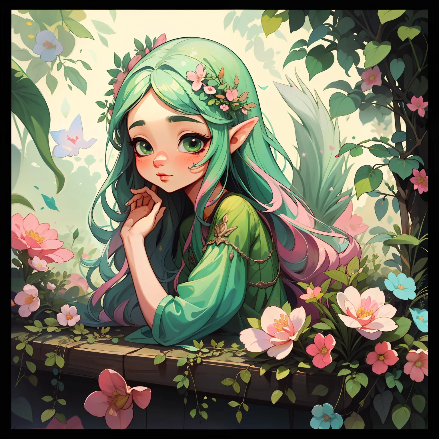 adesivo,1girl, fundo brnco, retrato, girl with long hair, beautiful flower girl, flower aesthetic, beautiful girl, very beautiful fantasy art, beautiful and elegant female fairy, beautiful detailed fantasy, green and pink color palate, green color-theme