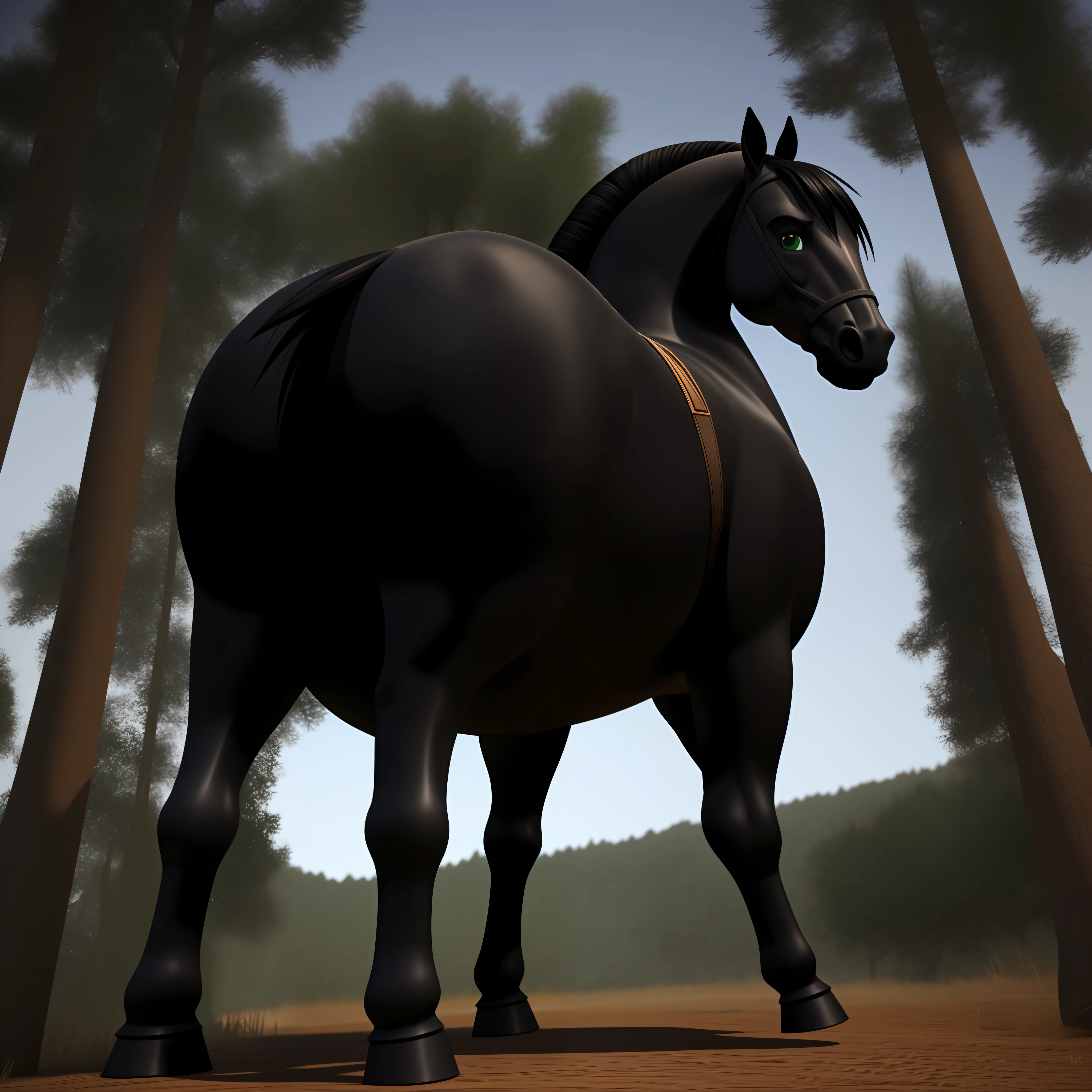 Black stallion horse, bunda grande, perspectiva do bumbum, bumbum bonito,macho, no meio do forest,cabelos pretos longos, olhos verdes , Arte peluda,3d render realista, fotografia