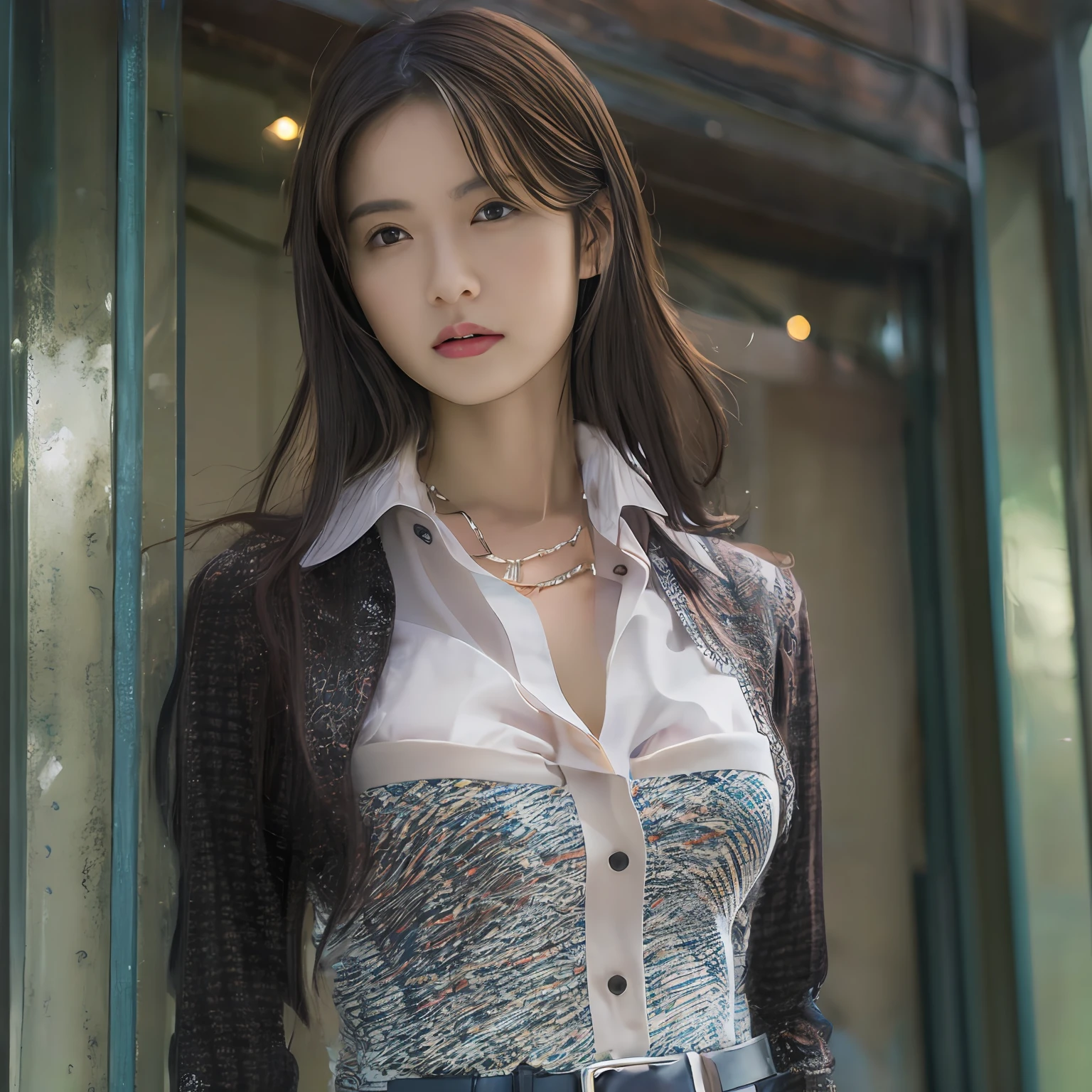 (top-quality、hight resolution、masterpiece:1.3)、Tall and cute woman、Slender Abs、Dark brown hair styled in loose waves、breastsout、Wearing a pendant、White button-up shirt、a belt、Black leather tight skirt、(Modern architecture in background)、Details exquisitely rendered in the face and skin texture、A detailed eye、二重まぶた