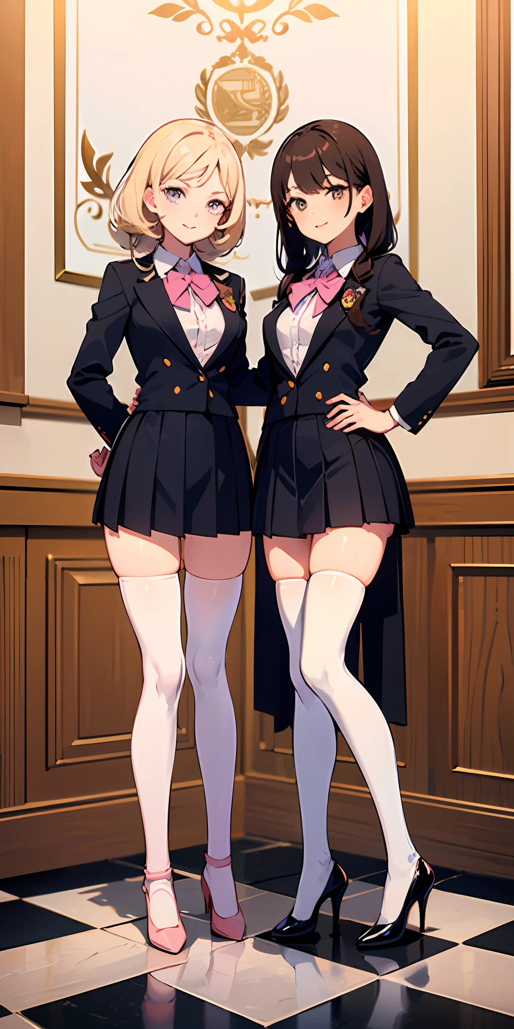 ((Masterpiece, highres)), 2girls, duo, twins, ((one brown haired girl, one blonde girl)), long hair, curly hair, matching hairstyles, different hair color, confident, elegant, rich girls, proud smiles, matching faces, hazel eyes, same size busts, (((matching outfits, identical outfits, pink school uniforms, sexy school uniforms, white thighhighs, long white socks, black high heels))), standing at attention, shoulder to shoulder, same pose, mansion
