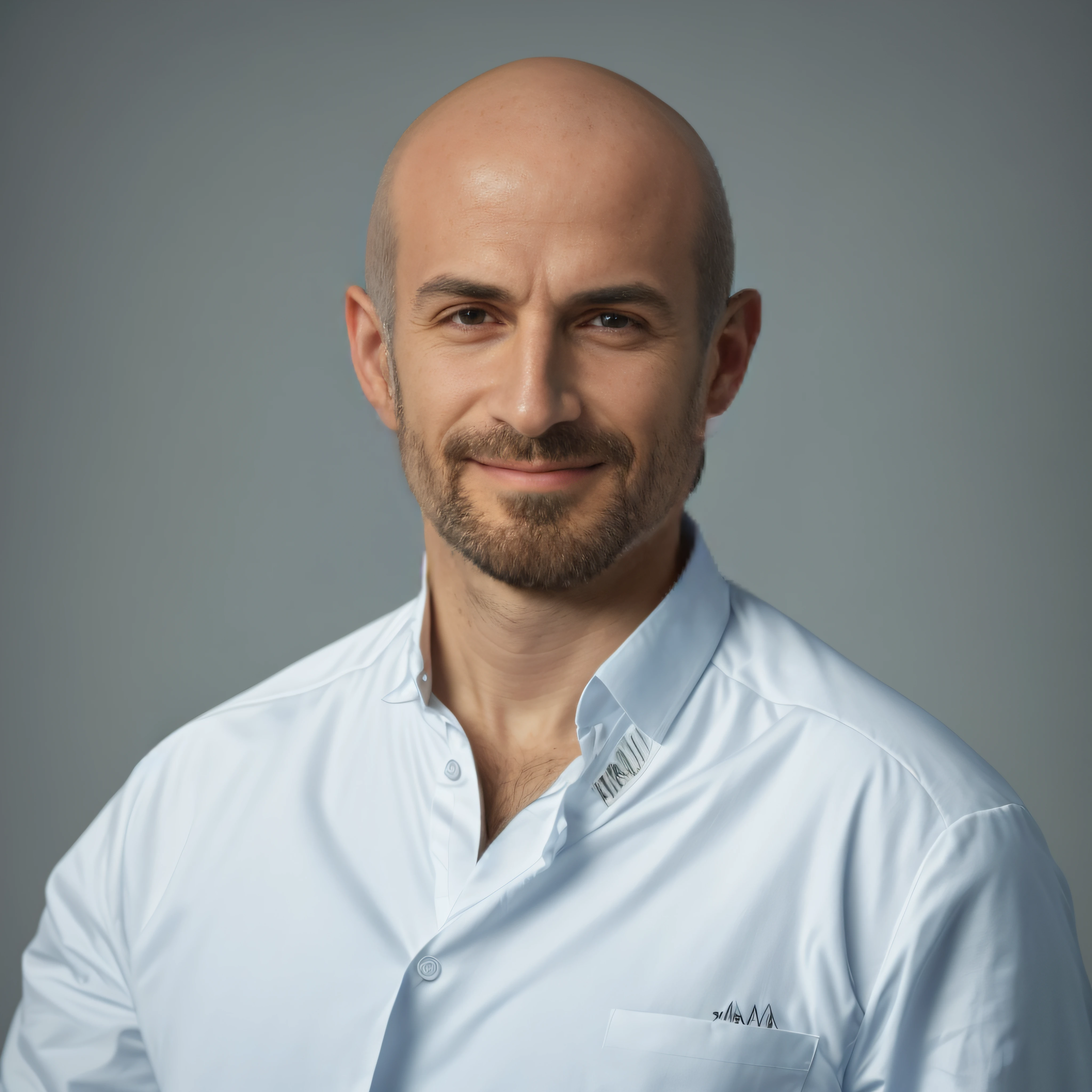 Homem branco, with a bald head and goatee wearing a white lab coat over a blue shirt, edin durmisevic, Bogdan Rezunenko, Ivan Laliashvili, Tomasz Strzalkowski, Vitaly Bulgarov, Andrey Surnov, Pavel Shvedov, zdzislaw beksinksi, Andrei Tarkovsky, Andrei Riabovitchevy