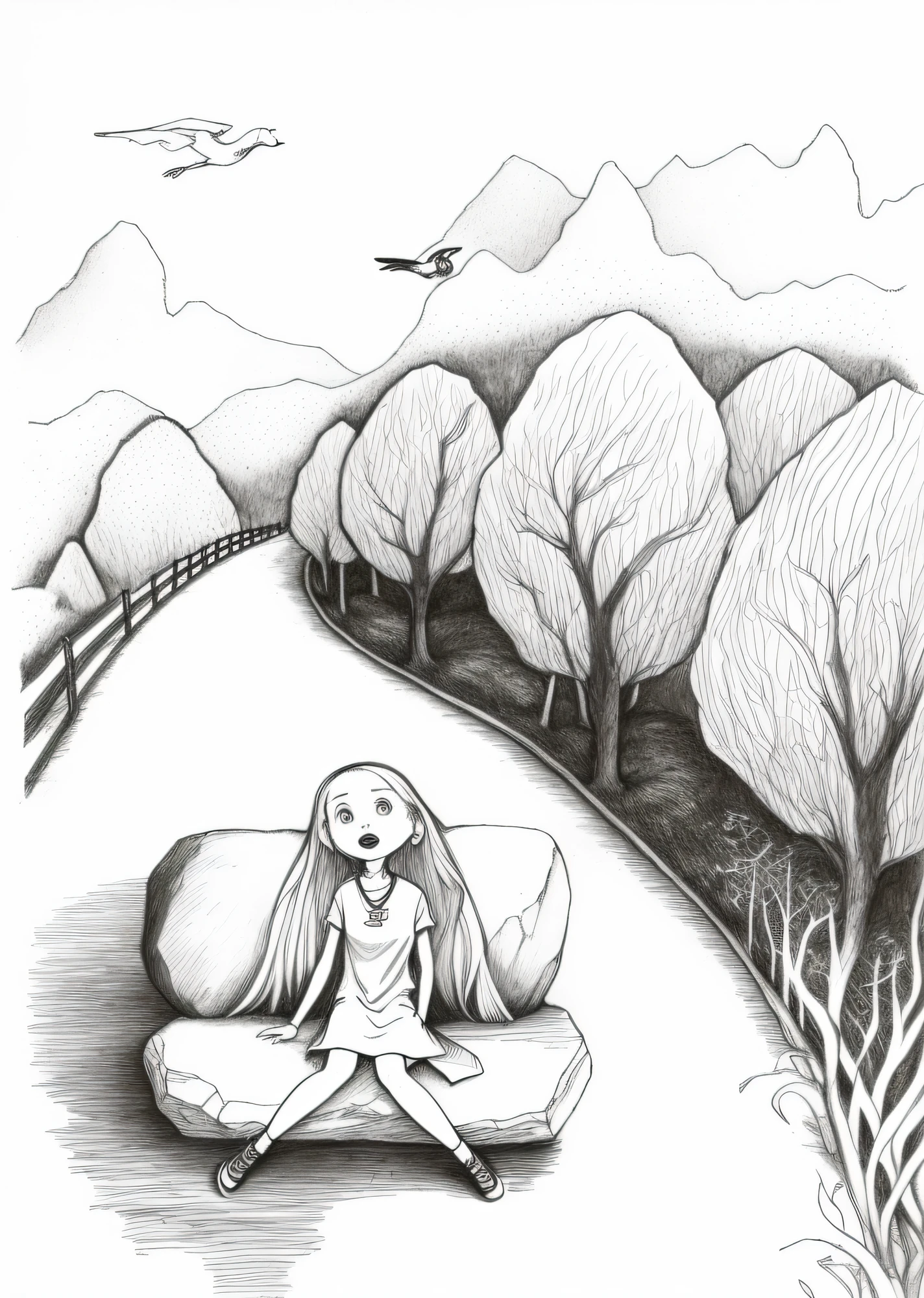 Draw a woman sitting on a rock，A bird in his hand, pen and ink illustration, Black and white illustration, inspired by Alfred Kubin, pen and ink illustration, pen and ink illustration, pen - and - ink illustration, pen and ink illustration, sketch of a lucid dream, artwork about a road to freedom, Douglas Smith, monochrome drawing