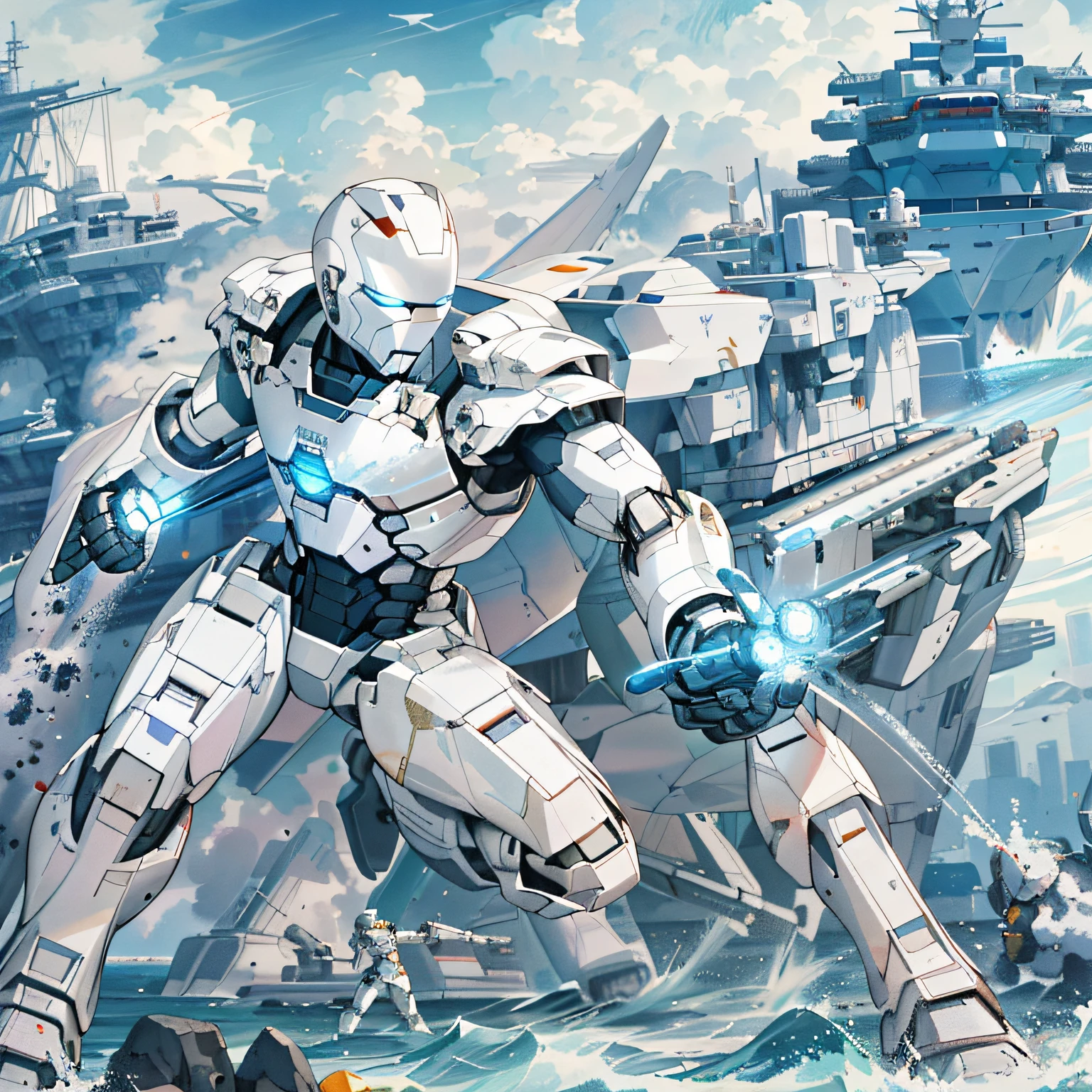 There is a photo of a robot standing in front of the boat, white superior iron man, in white futuristic armor, streamlined white armor, white color mecha, alexandre ferra white mecha, White armor, sleek streamlined white armor, superior iron man, ferra white mecha, Amazing wallpapers, White John Berkey armor panels,Block missiles